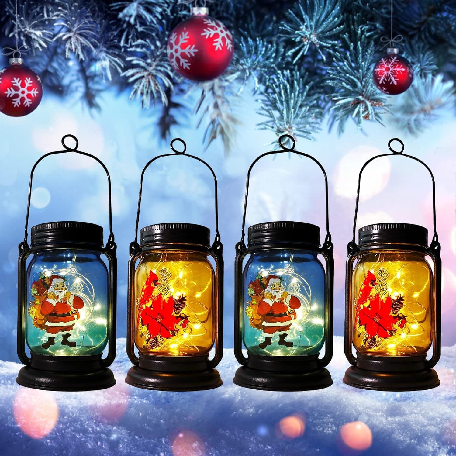 2 Pack Memorial Cardinal Solar Lanterns Outdoor,Mason Jar Lights with Red Bird & Santa Claus Decor, Sympathy Gifts Waterproof Table Light for Patio Yard Tree(Warm White)