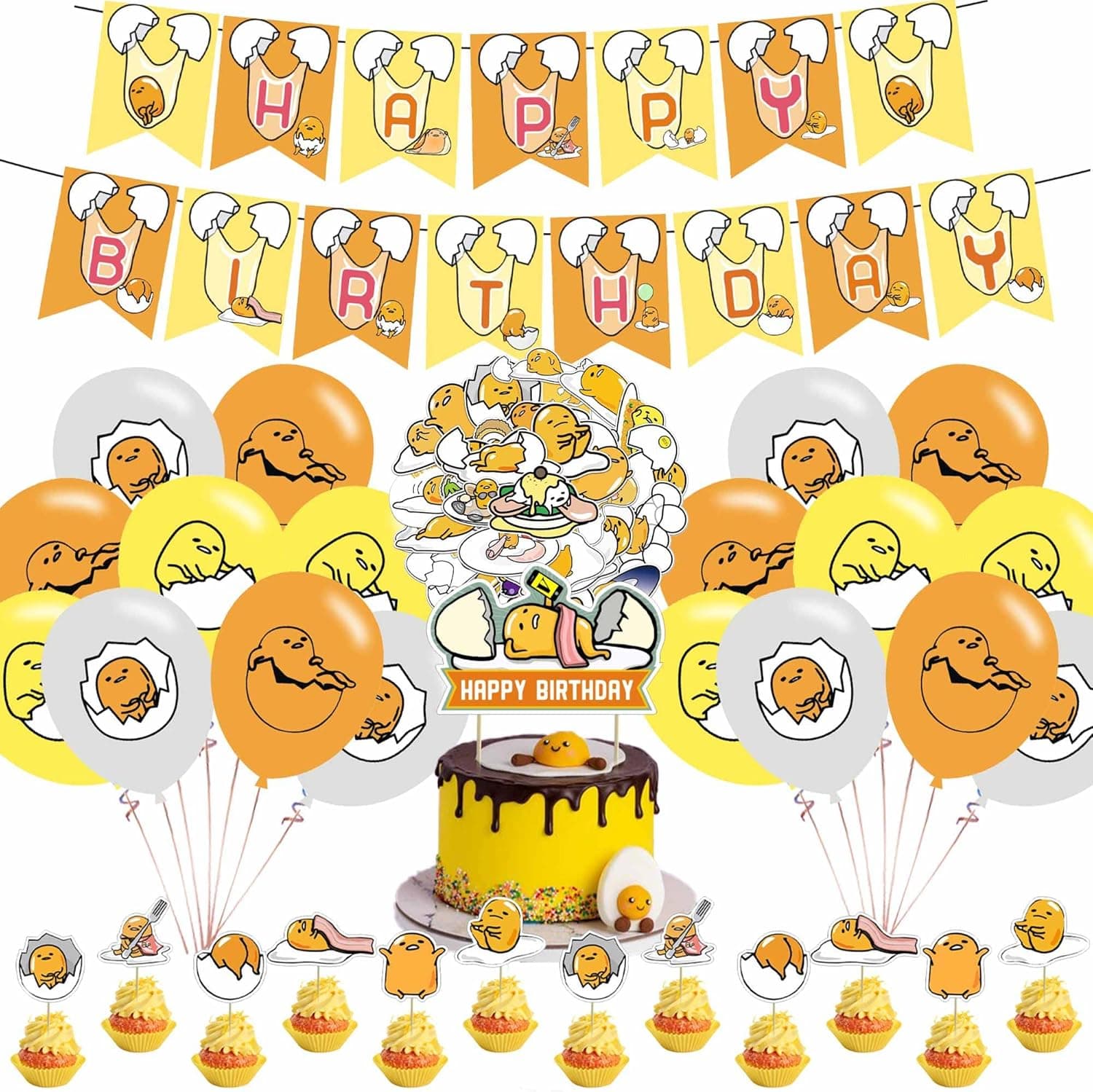 82 pieces Lazy Egg Party Supplies, Gudetama Themed Party Decoration included Banner, Balloon , Cake Toppers, 50 pcs Stickers for Kids Party Decor