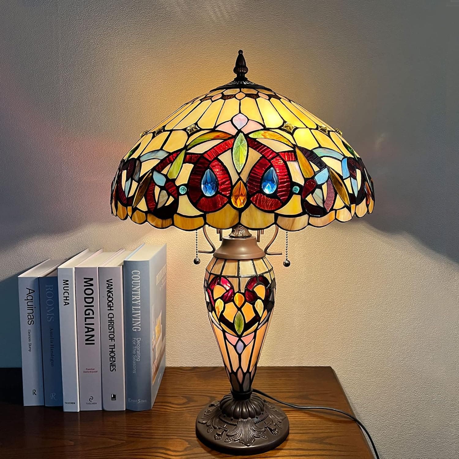 Capulina Tiffany Large Table Lamp 3-Light with Nightlight Mother-Daughter Vase Victorian Style Desk Light for Home Living Room Bedroom