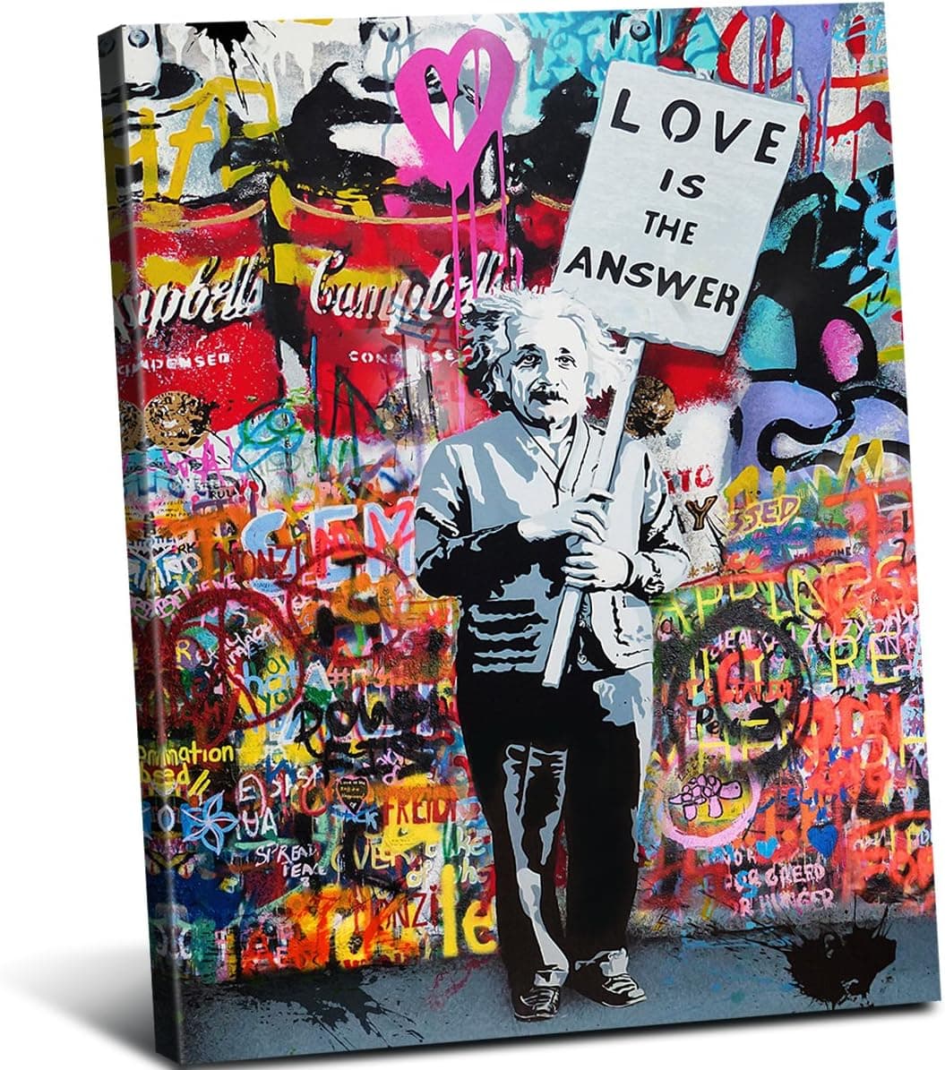Albert Einstein "Love is the answer" Wall Art Graffiti Motivational Canvas Painting Inspirational Science Abstract Posters for Living Room Bedroom Classroom Office Study Home Decor 24x32inch x 1Pcs