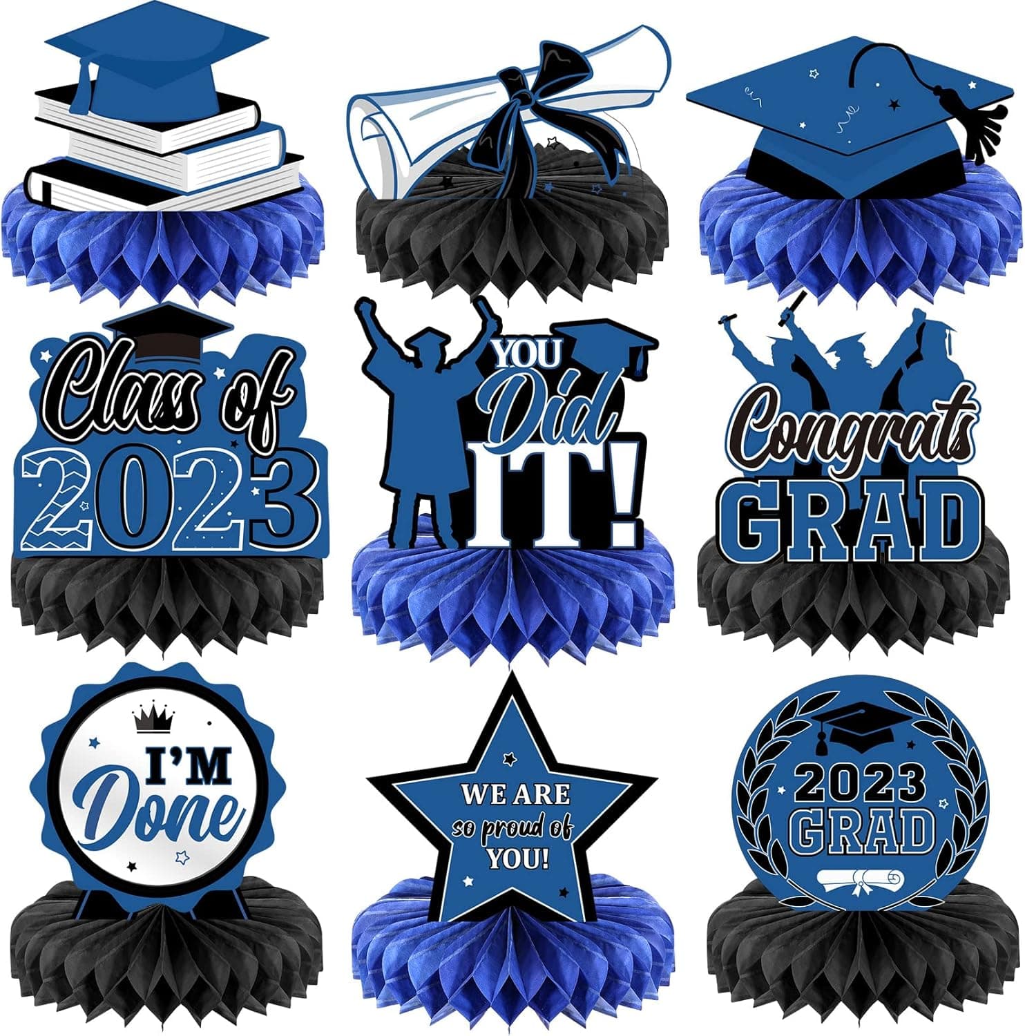 9 Pieces 2023 Graduation Party Table Decorations Class of 2023 Congrats Graduation Centerpieces for Tables Congratulate Honeycomb Centerpiece Table Topper for Grad Party Favor Supplies (Blue)