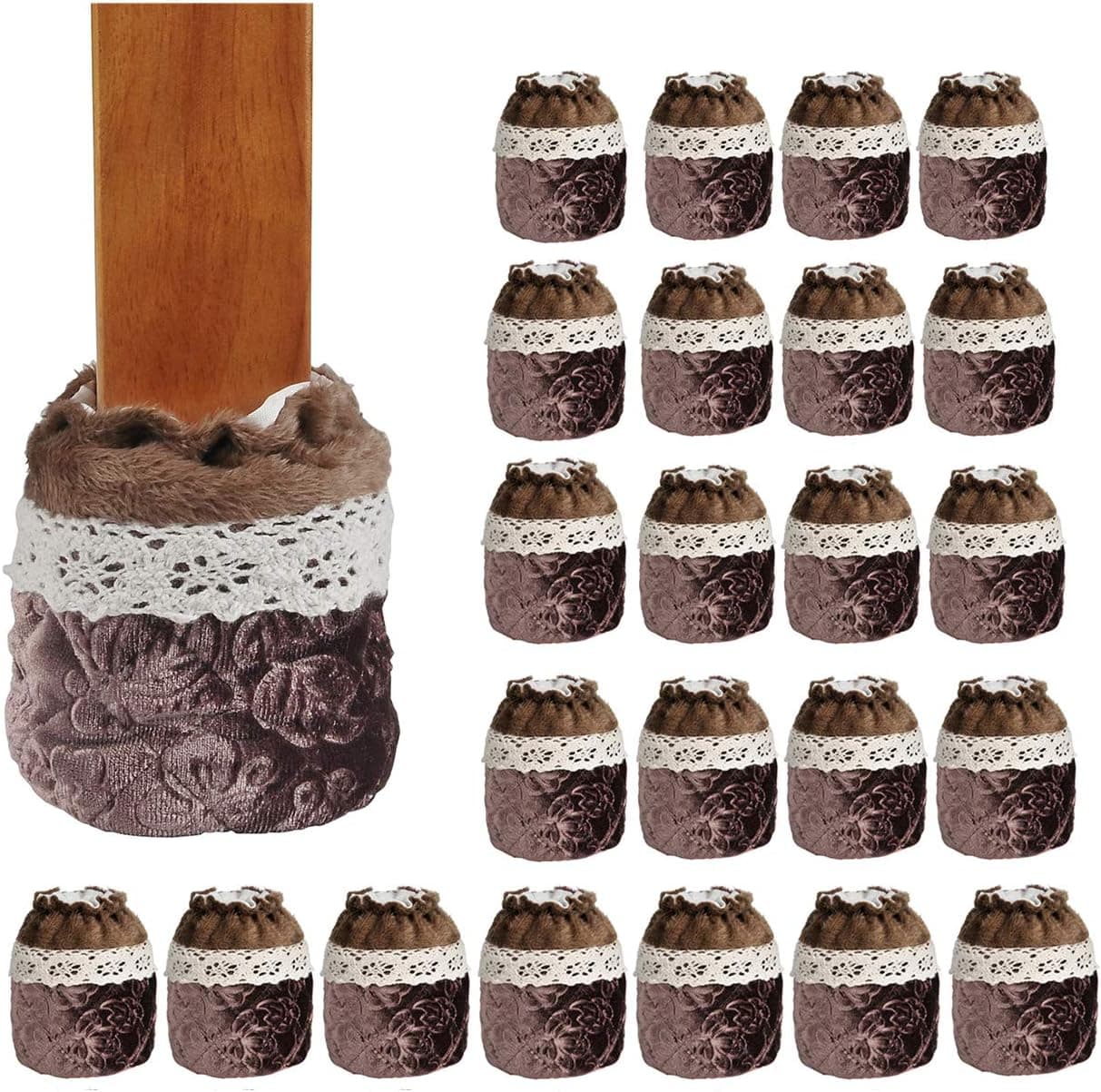 Yoption Chair Leg Cover, 24Pcs Brown Lace Table Chair Furniture Leg Caps Protector Pads Anti-Slip Anti-Scratch Feet Sleeve (24, Coffee Flower Lace)