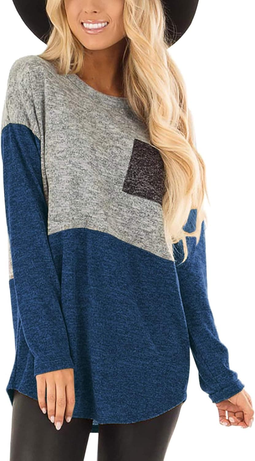 Angashion Women's Tops-Casual Long Sleeve Color Block Patchwork Tunic T Shirt Blouse with Pocket