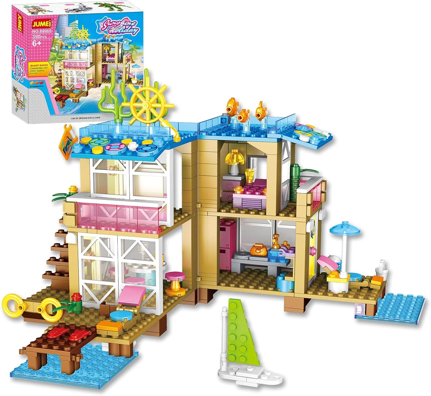 JUMEI Friends Set Building Blocks,Girls Building Toys Set,390 PCS Girls Block Set,Beach Friends House Set Building Set Toys,Friends House Building Set,STEM Toy,Friends Set for Girl 6-12 Years Old
