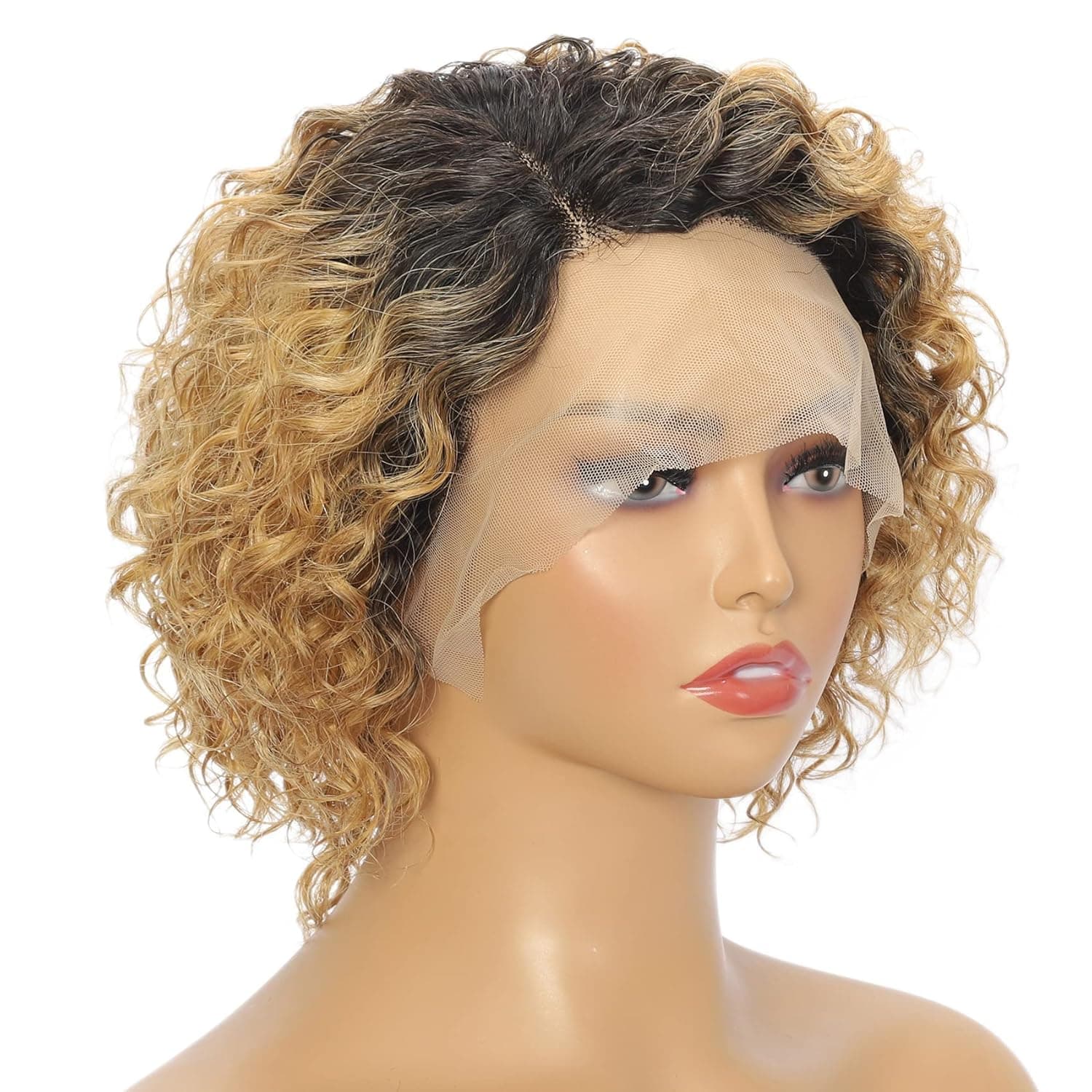 Curly Bob Wigs for Black Women 150% Density Short Black Wigs for Women Brazilian Virgin Wigs Lace Front Wigs Human Hair Short Wigs for Women with T Part Lace Wig Gluless Wig Deep Wave (T1B/27)