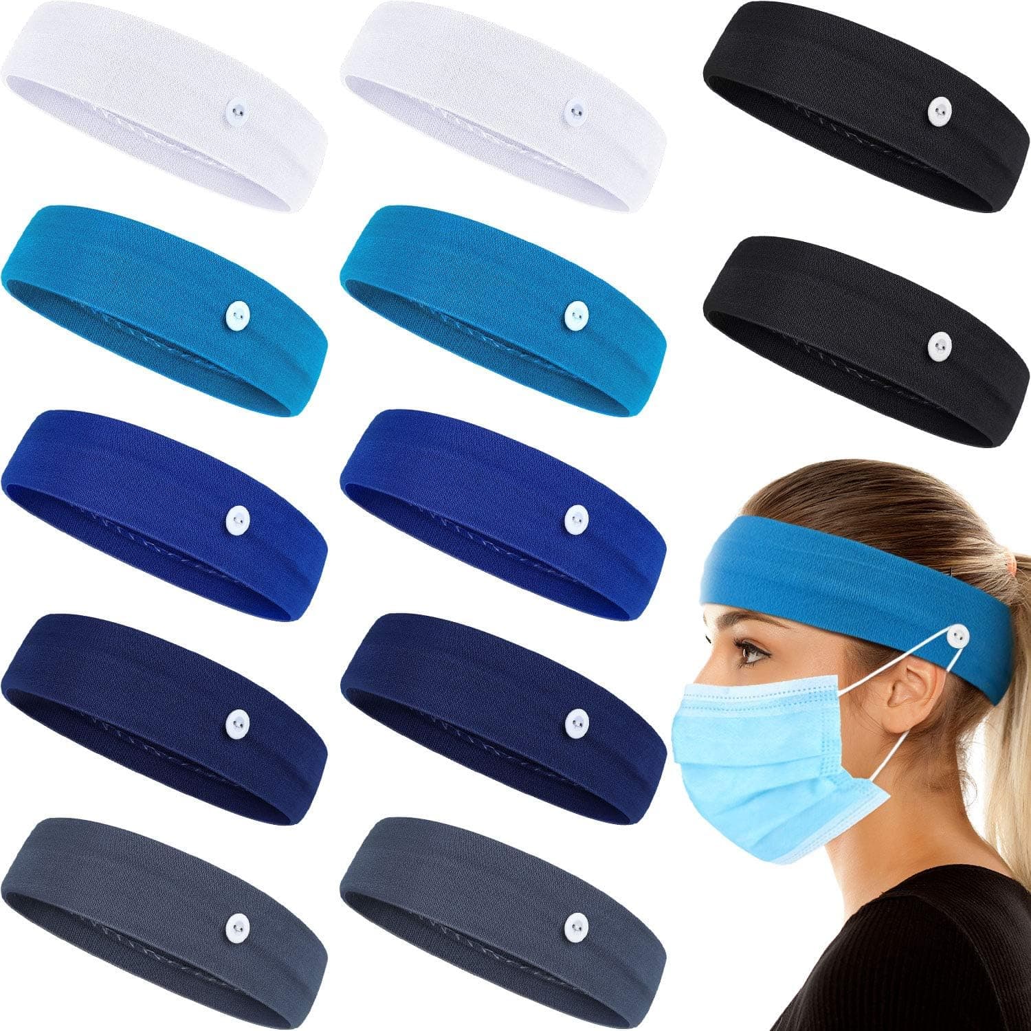 12 Pieces Button Headband Yoga Sports Workout Turban Headwrap Ear Protection Holder Headband Non-slip Elastic Sports Hairbands with Button, 6 Colors
