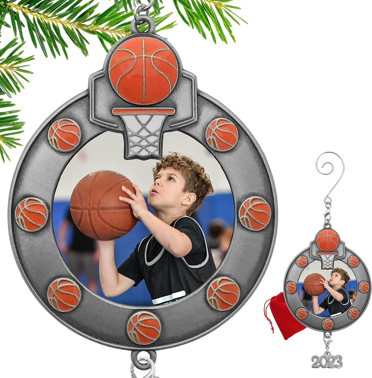 Basketball Christmas Photo Ornament Dated 2023 Keepsake - Basketball Team Picture Holder - Gift/Storage Bag Included