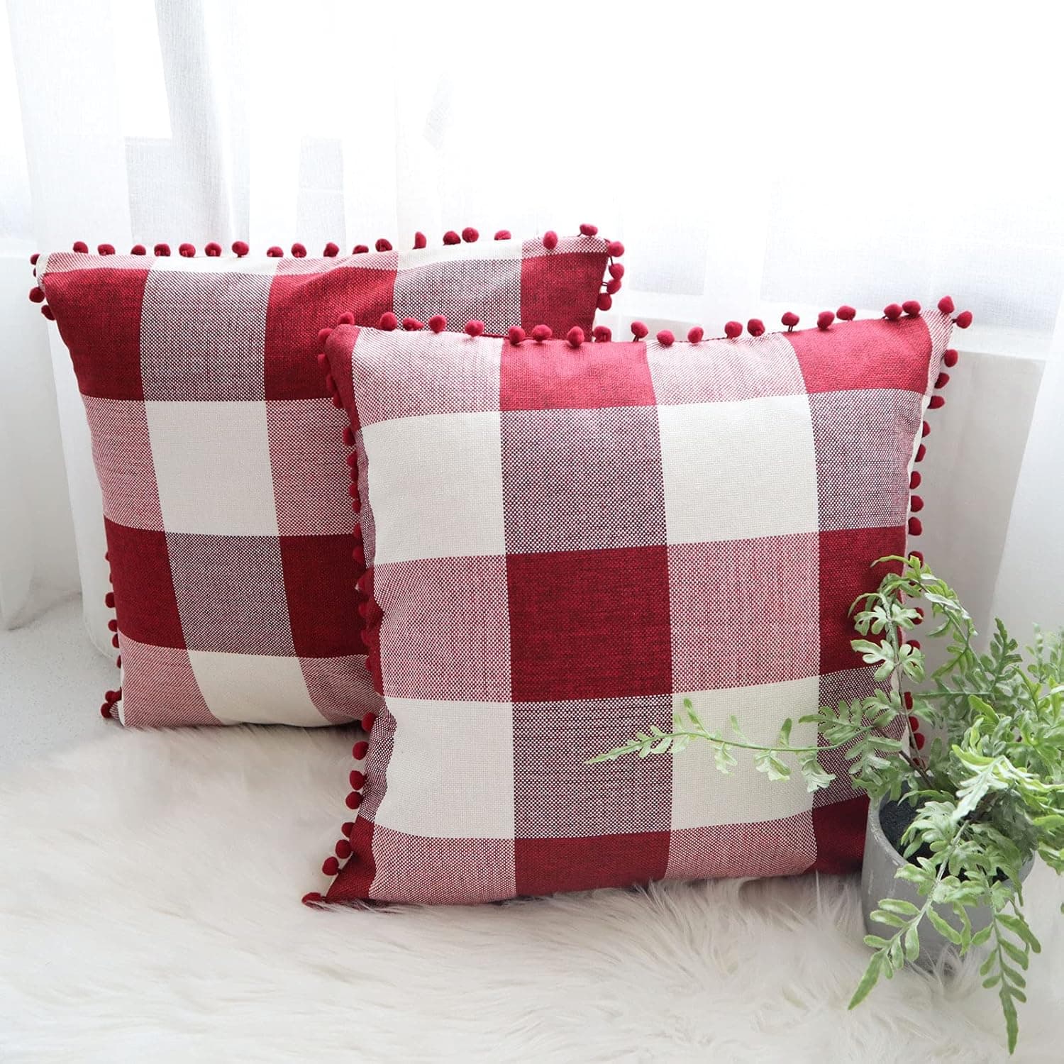 CHICHIC Set of 2 Throw Pillow Covers Fall Pillow Covers 16 x 16 Inch Buffalo Check Plaid Cushion Case Farmhouse Retro Decorative Square Pillowcase for Fall Decor Bed Sofa Couch Chair, Red and White