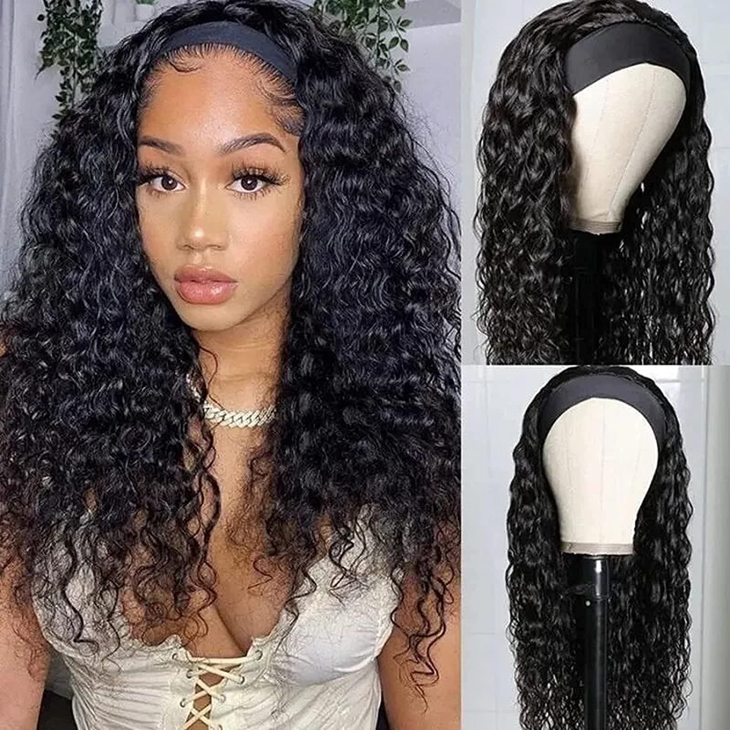 Water Wave Headband Wigs Human Hair For Black Women Non Lace Front Wigs Brazilian Virgin Hair Wet and Wavy Headband Human Hair Wigs Glueless Machine Made Wigs Natural Color 150% Density 16 Inch