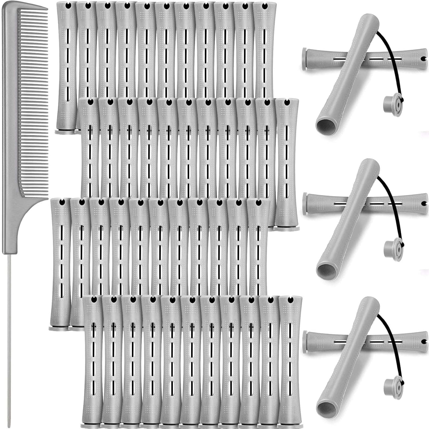 48 Pieces Hair Perm Rods Cold Wave Rods Plastic Perming Rods Curlers Hair Rollers with Steel Pintail Comb Rat Tail Comb for Hairdressing Styling Tools (Gray,0.59 Inch/ 1.5 cm)