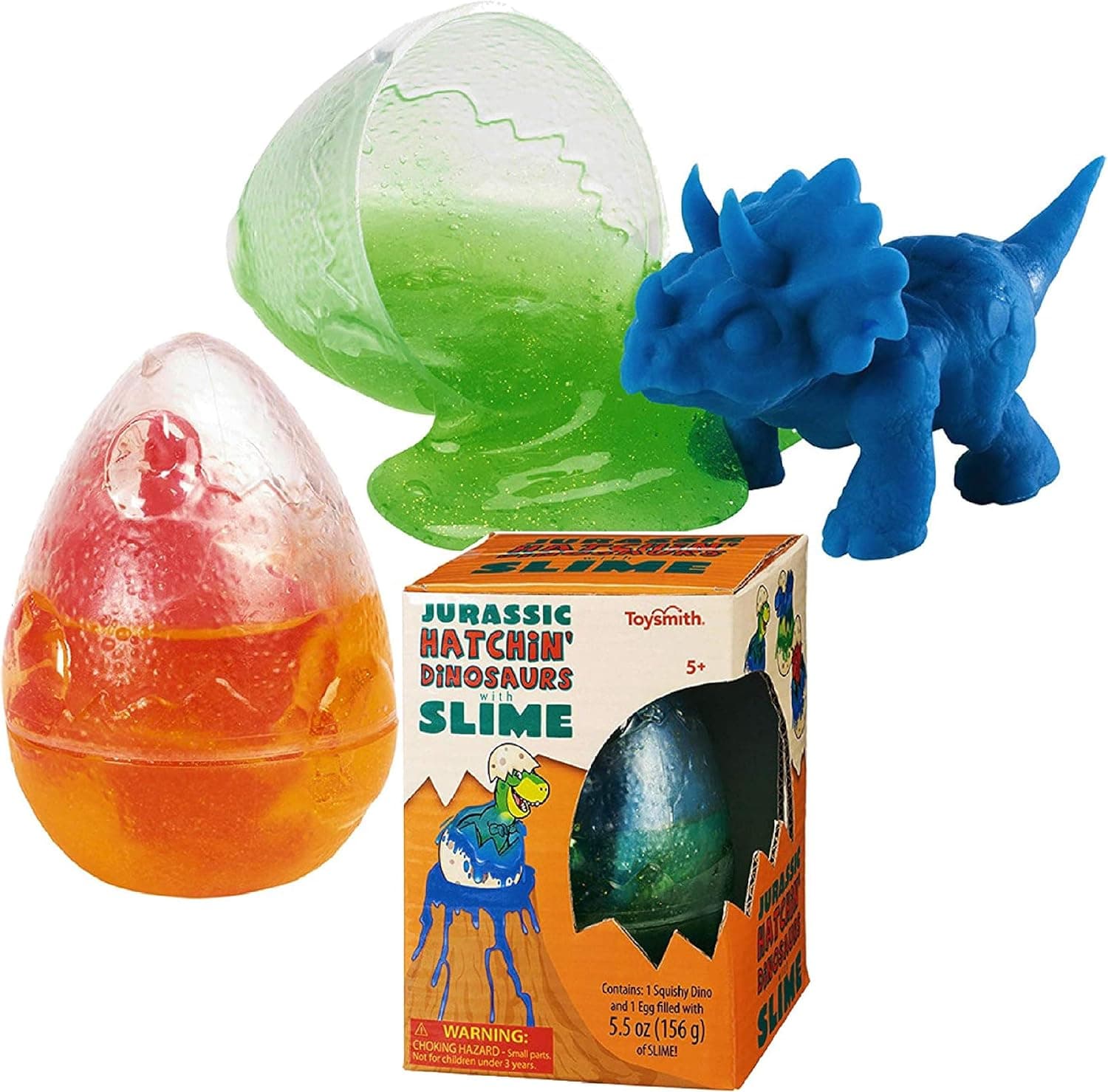 Toysmith Jurassic Hatchin' Dinosaurs with 5" Clear Plastic Egg, 5.5oz of Slime & 5" Dino Figure Gift Set Bundle - 2 Pack (Assorted Colors)