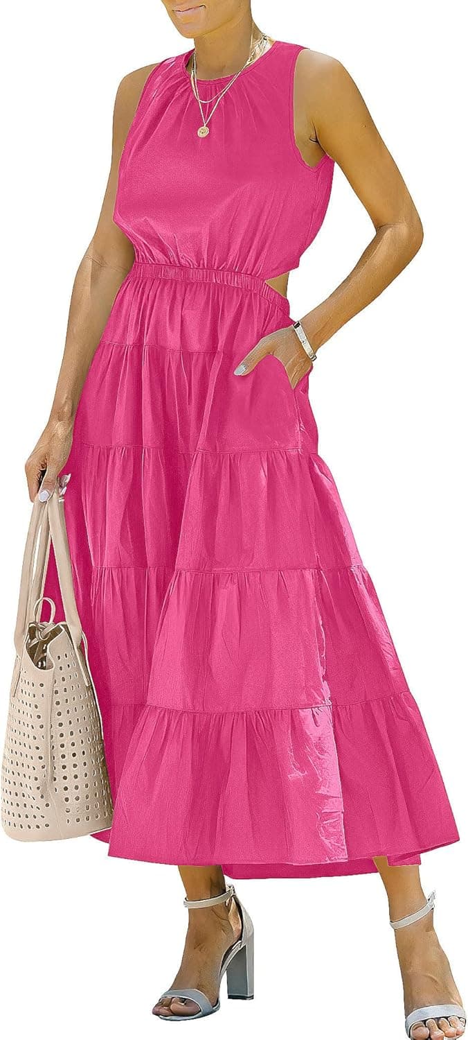 LOGENE Womens Summer Casual Sleeveless Solid Cut Out Long Dress Ruffle Tiered A-Line Flowy Swing Sundress