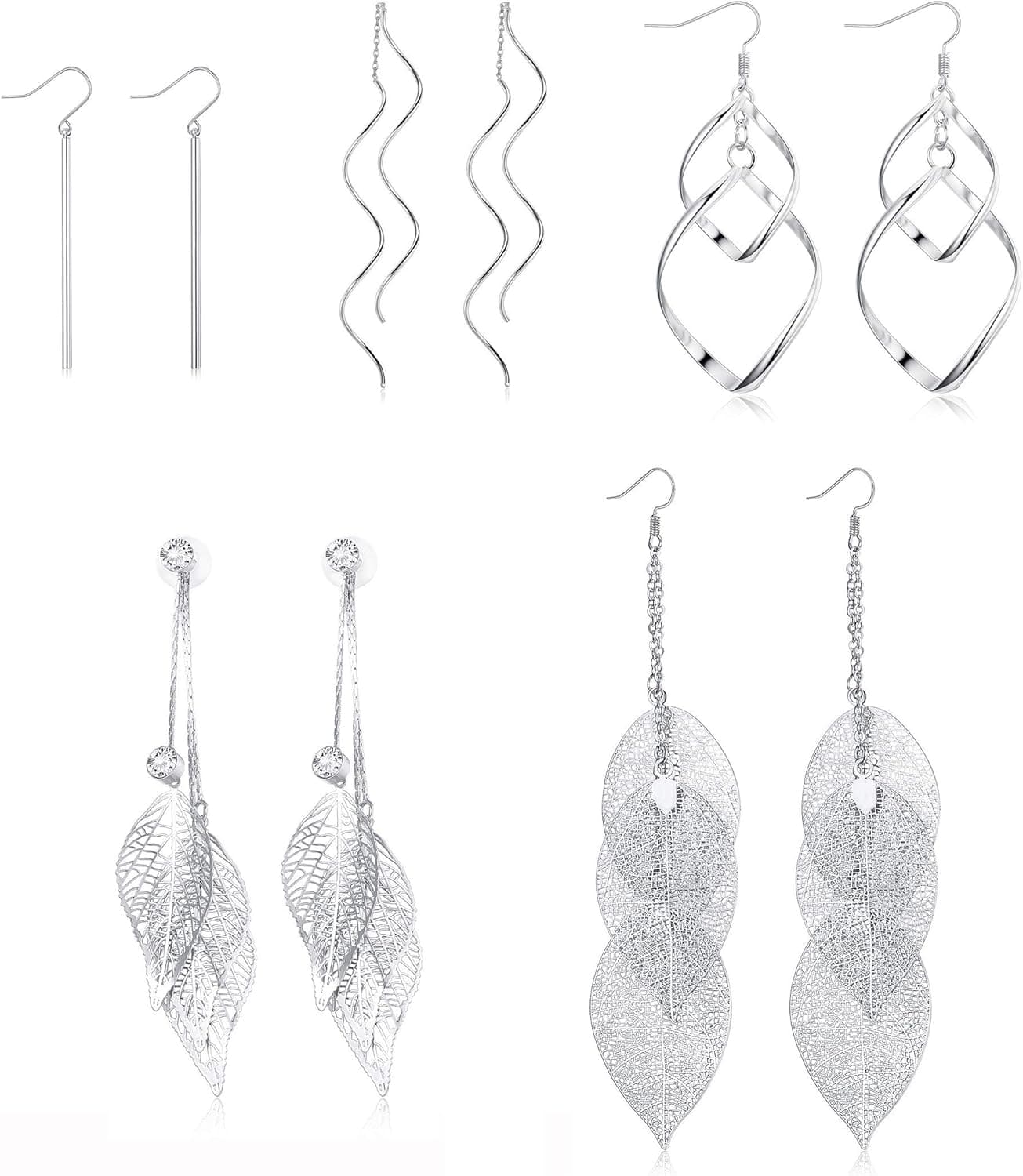 LOYALLOOK 6 Pairs Wave Threader Dangle Earring Leaf Drop Earring Set for Women Long Bar Double Twist Wave Curved Threader Lightweight Earrings Set