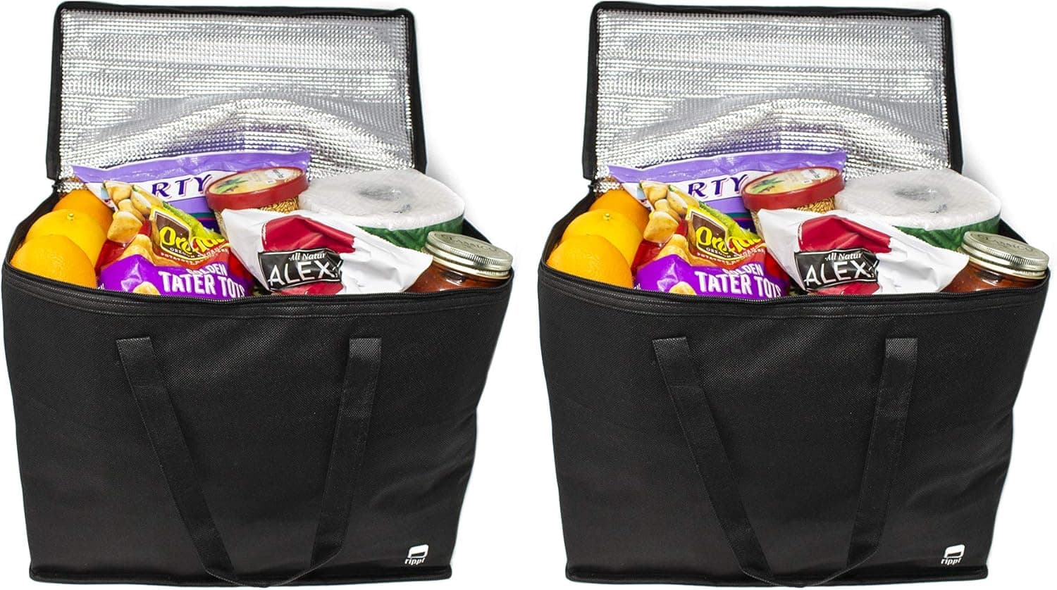 Rippl Insulated Grocery Bag - Reusable Grocery Bags - Foldable with Zipper Top - Set of 2 in Black
