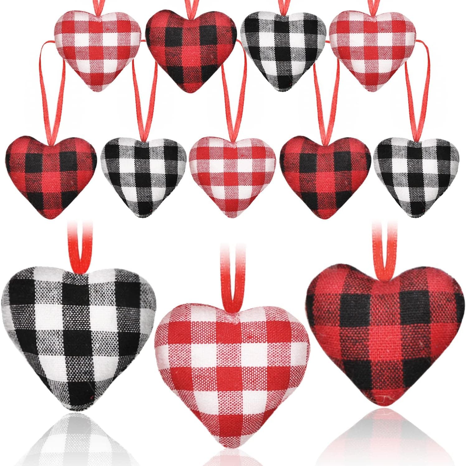 Valentine's Day Heart Shaped Hanging Ornaments, 24 Pieces Fabric Heart Shape Baubles Buffalo Plaid Hanging Ornaments for Valentine's Tree Wedding Party