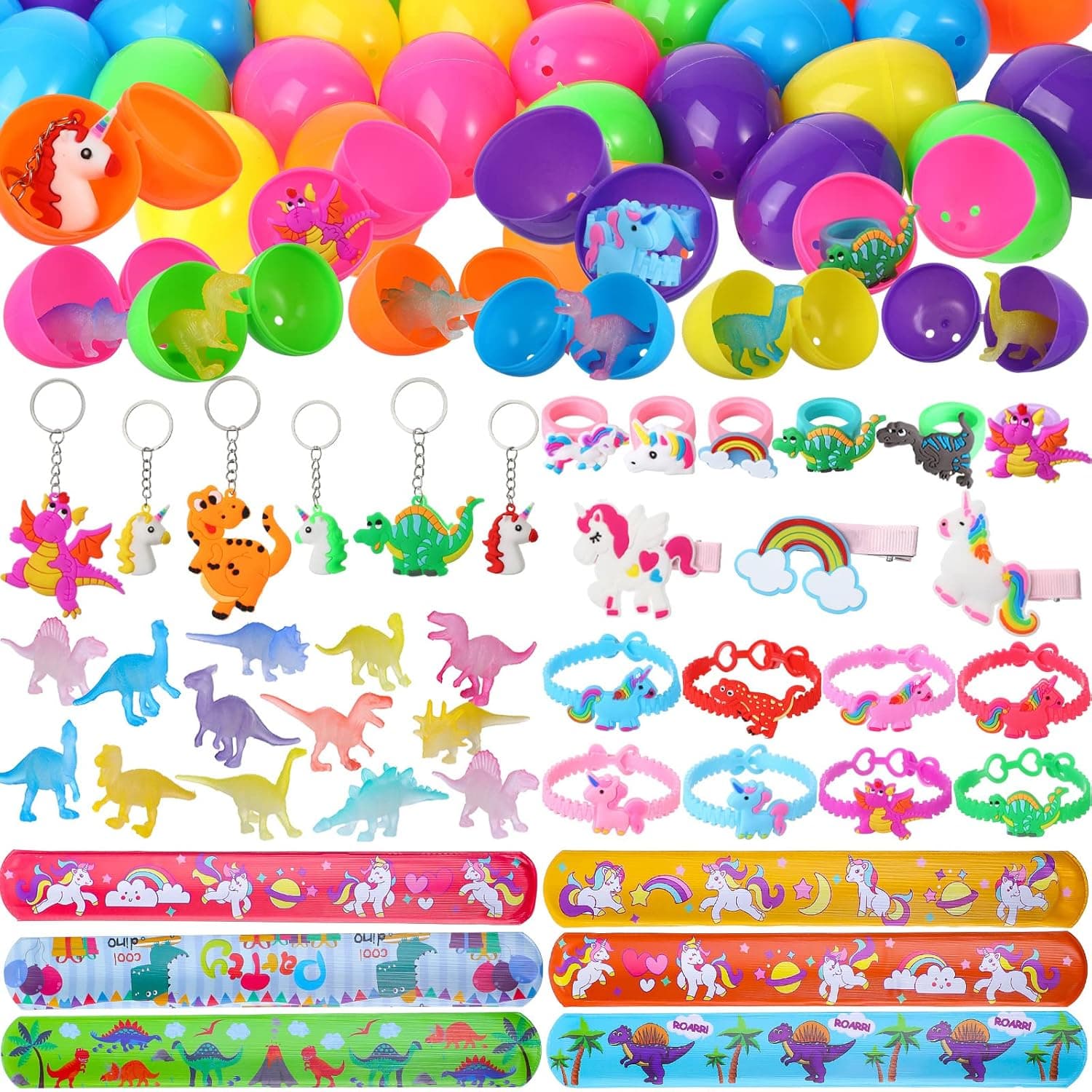 72 Pcs Easter Eggs Filled with Unicorn Dinosaur Toys Includes Slap Bracelets Keychains Rings Hair Clips Mini Dino Figures Prefilled Easter Eggs for Egg Hunts for Easter Basket Stuffers