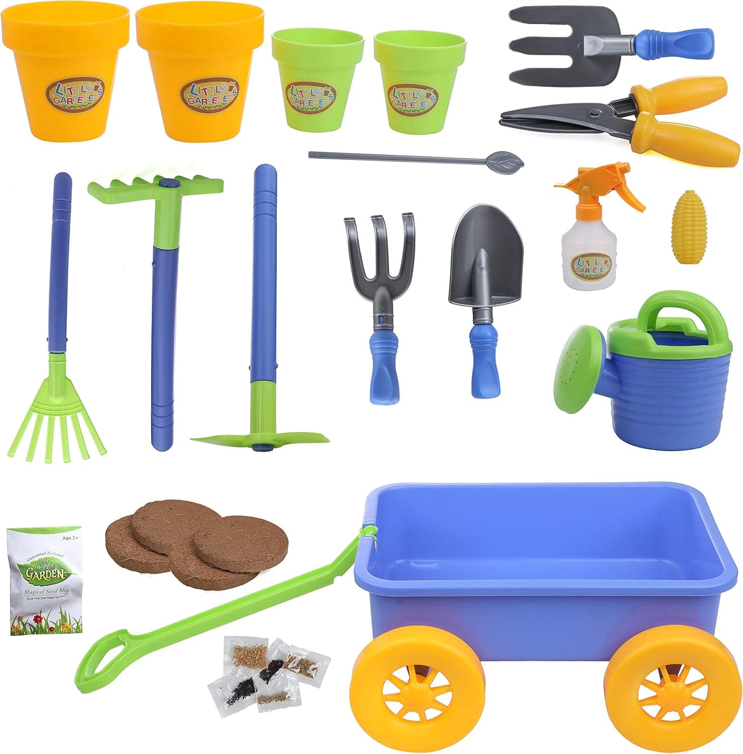 IQ Toys Budding Gardener Wagon and Tool Set for Kids 16 Pieces with Soil, Gardening Seeds, Water Pail, Planting Pots, Rake and More Accessories