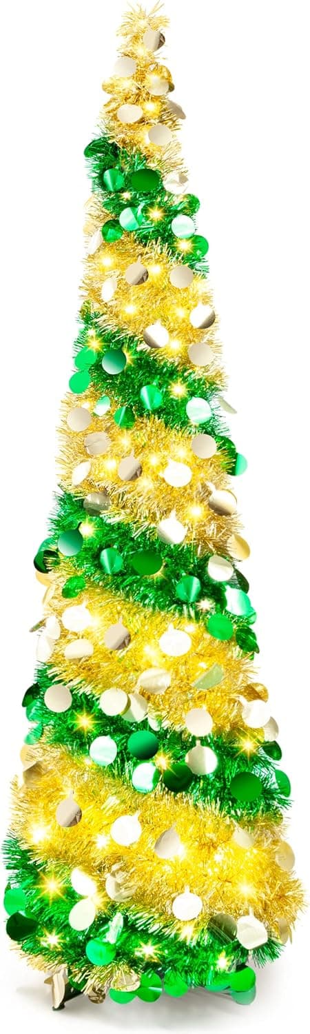 HOREODOR Pencil Christmas Tree, Tinsel Christmas Tree 5 ft Collapsible Artificial Christmas Tree with 100 Twinkle Lights for Holiday Carnival Party Decorations (Green & Yellow)