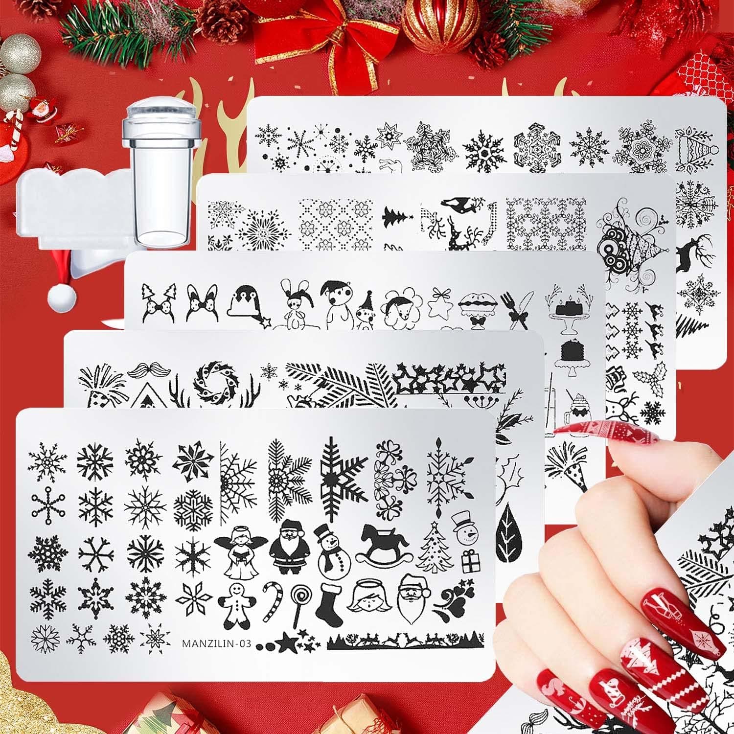 ACDE 5 Pcs Christmas Nail Stamp Template Kit with 1 Seal 1 Scraper Winter Xmas Snowflake Elk Santa Claus Nail Art Templates Nail Stamper Stencil Plates Set Manicure Nail Supplies