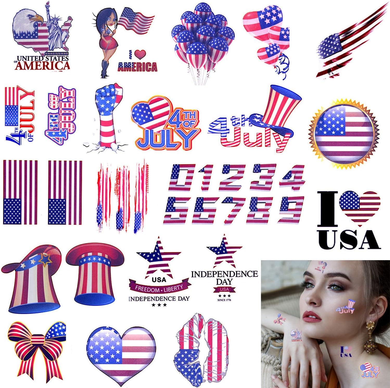 Xgood Patriotic Tattoos 4th of July Temporary Tattoo Stickers Independence Day Stickers Independence Day Theme Party Accessories Colorful Washable Tattoos Stickers for Kids,Adults