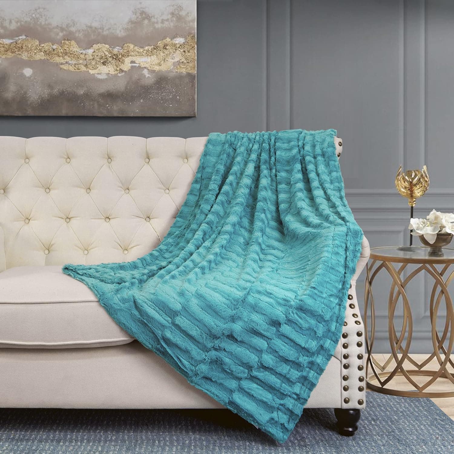 Home Soft Things Blue Saga Double Sided Faux Fur Throw, 50" x 60", Baltic Comforable Soft Cozy Throw Blanket for Chair Bedroom Living Room Sofa Couch Bed Outdoor Travel