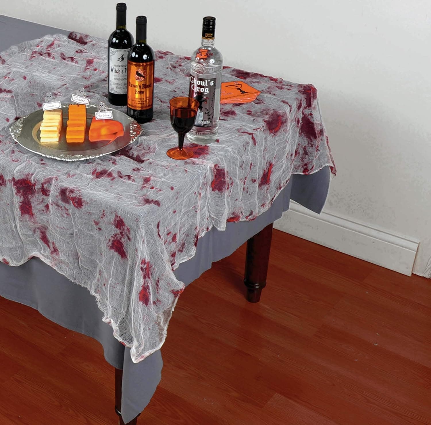 Amscan 579490 Bloody Gauze Halloween Table Cover 60" x 84" 1 ct , Red/White