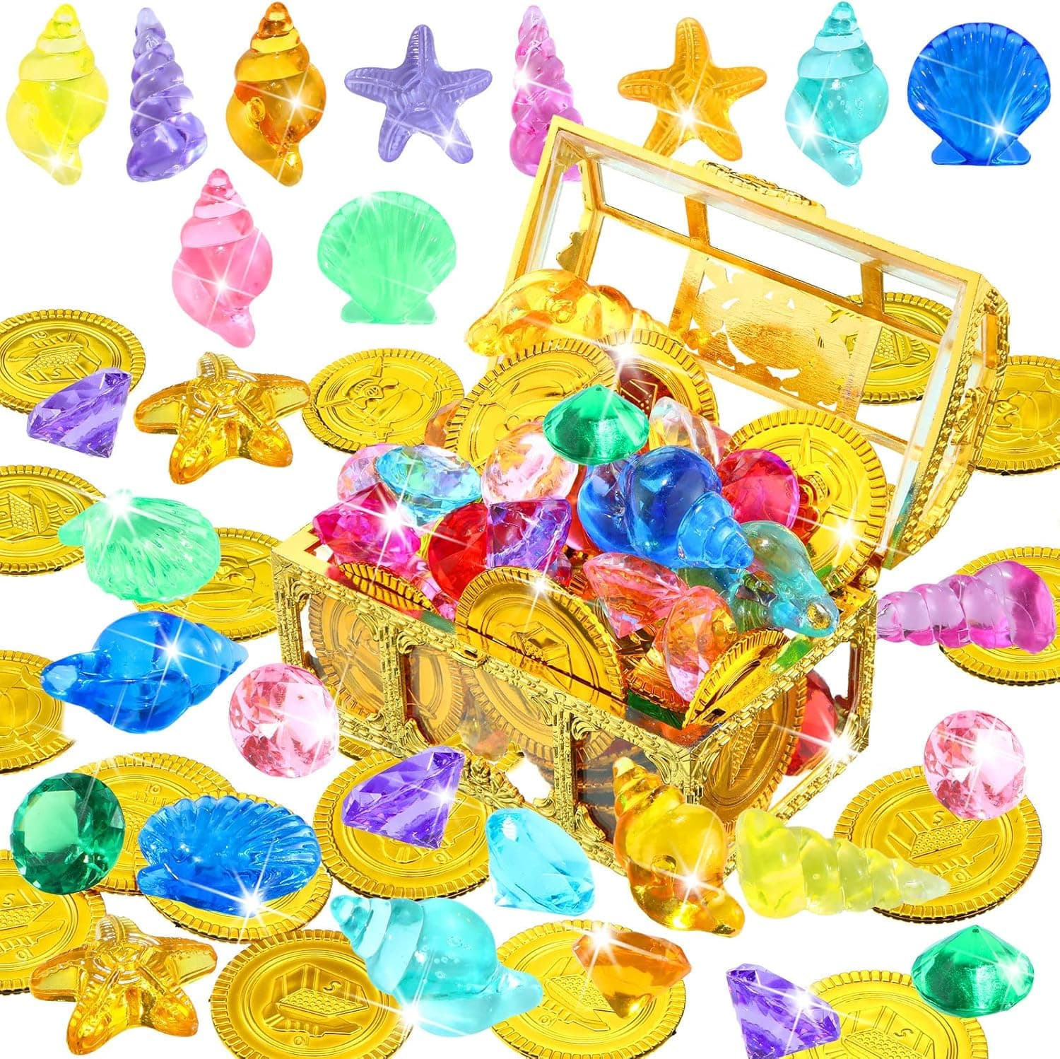 101 Pcs Dive Gem Pool Toys Diving Gems and Coins Pool Toys Pirates Treasure Set Sinking Treasure Chest Summer Underwater Swimming Toy Gems Set Pirate Dive Toys Training Games Gift (Multi Style)
