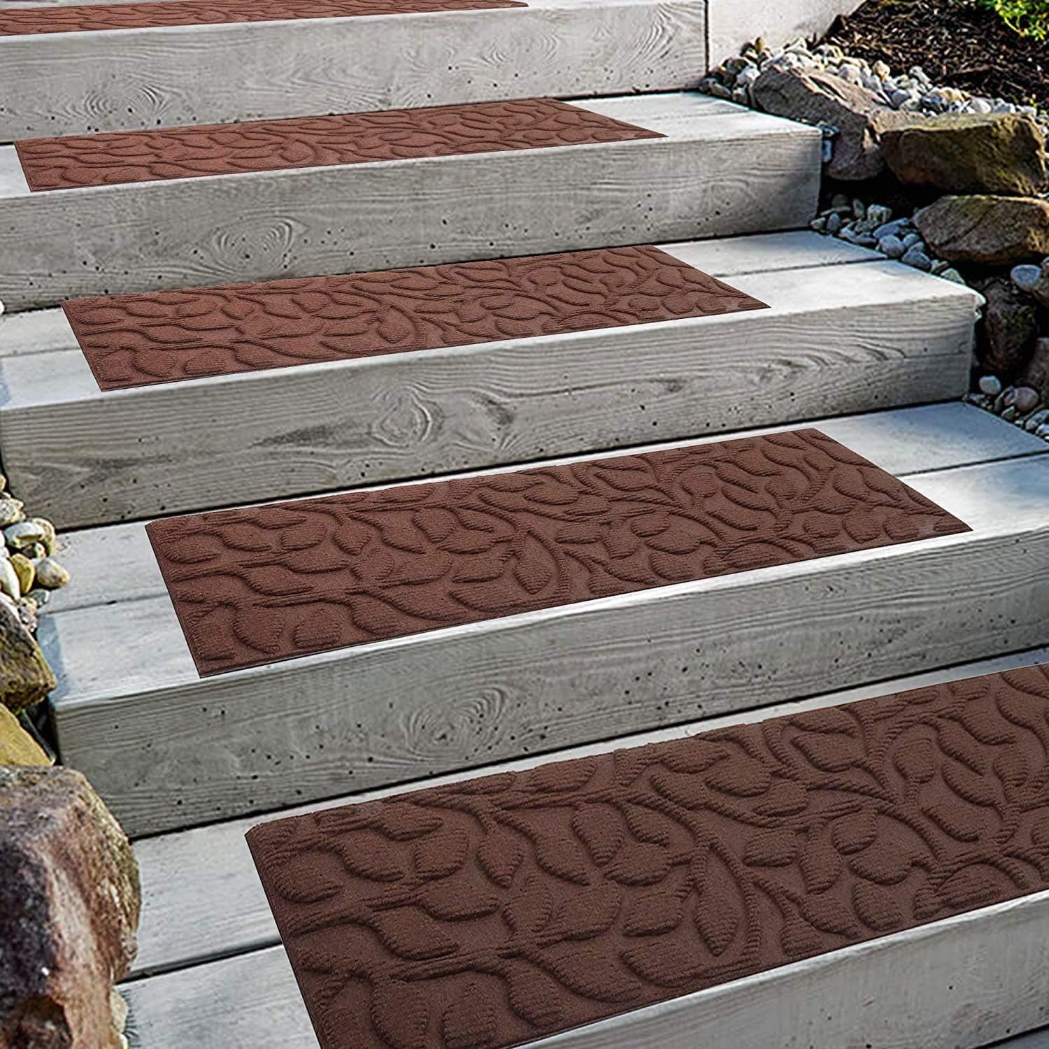 Aucuda Stair Treads, 4 Stair Treads for Wooden Steps, Stair Treads Carpet for Outdoor Stairs, Carpet Stair Treads with Rubber Backing, 8.5" x 30" Outdoor Stair Treads, Floral Brown Pattern