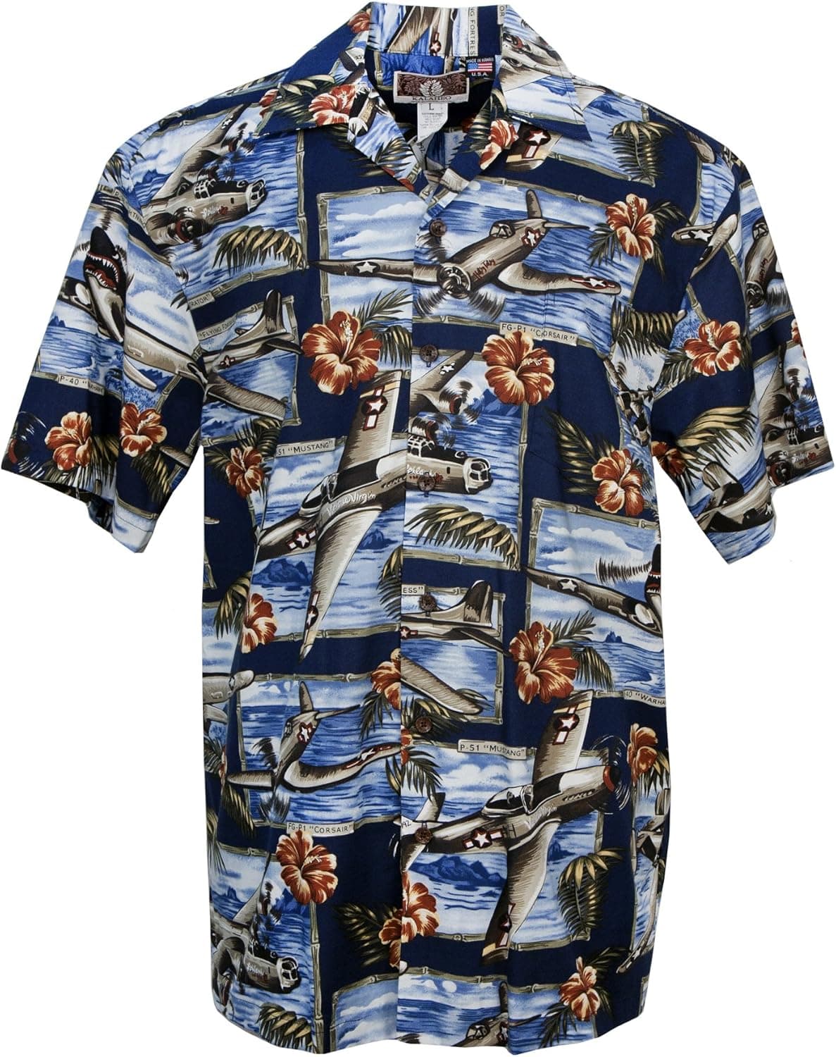 War Planes Hibiscus - Men's Hawaiian Print Aloha Shirt - in Navy