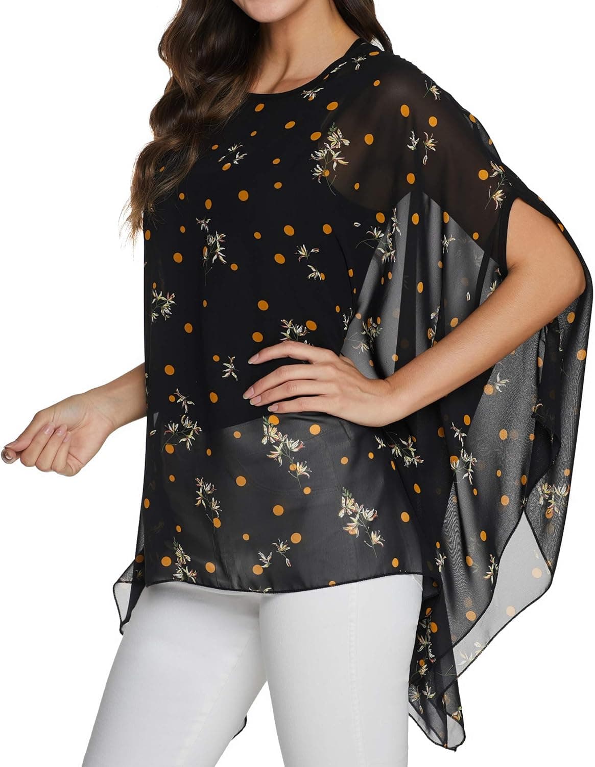 Women's Casual Chiffon Blouse Tops 3/4 Sleeve Floral Print Batwing Blouse Caftan Poncho