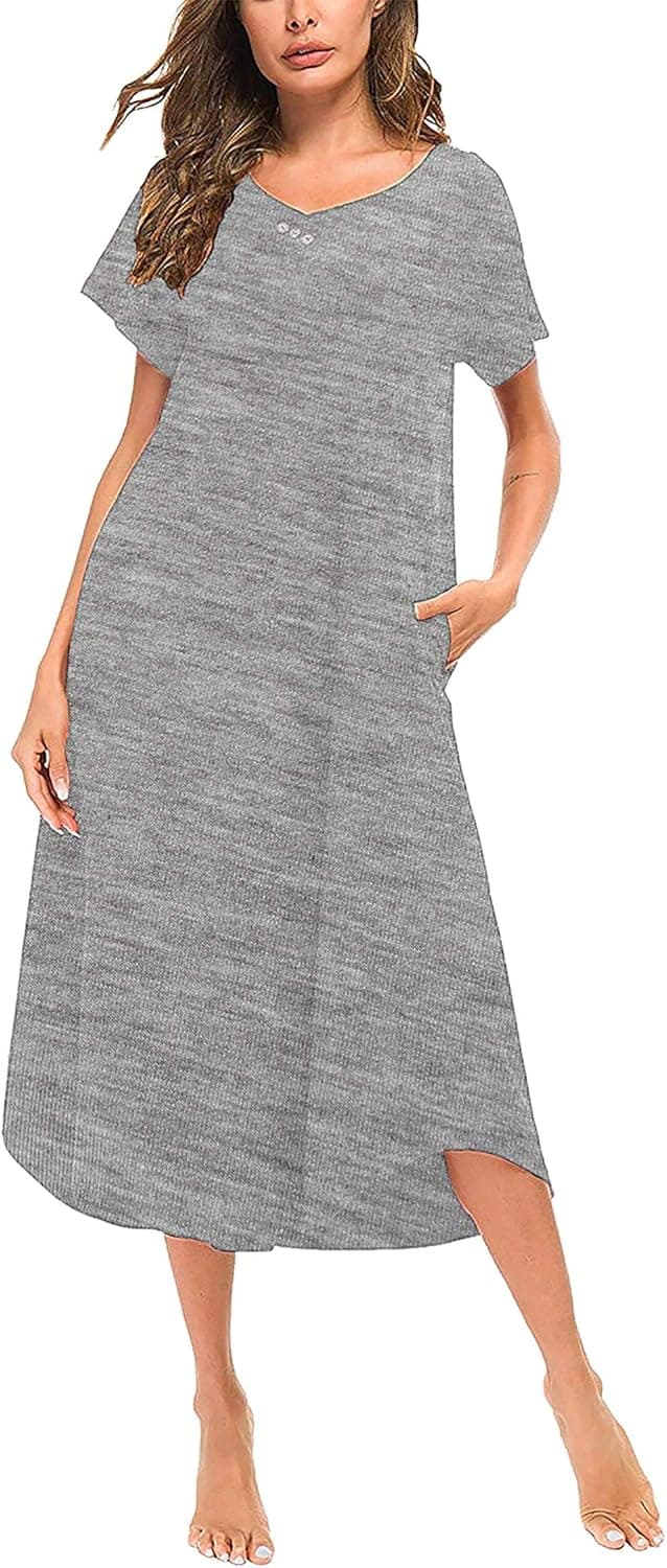 MAKARTHY Women's Nightgown Loungewear Ultra-Soft Nightshirt Full Length Sleepwear with Pockets Plus Size Grey, XX-Large