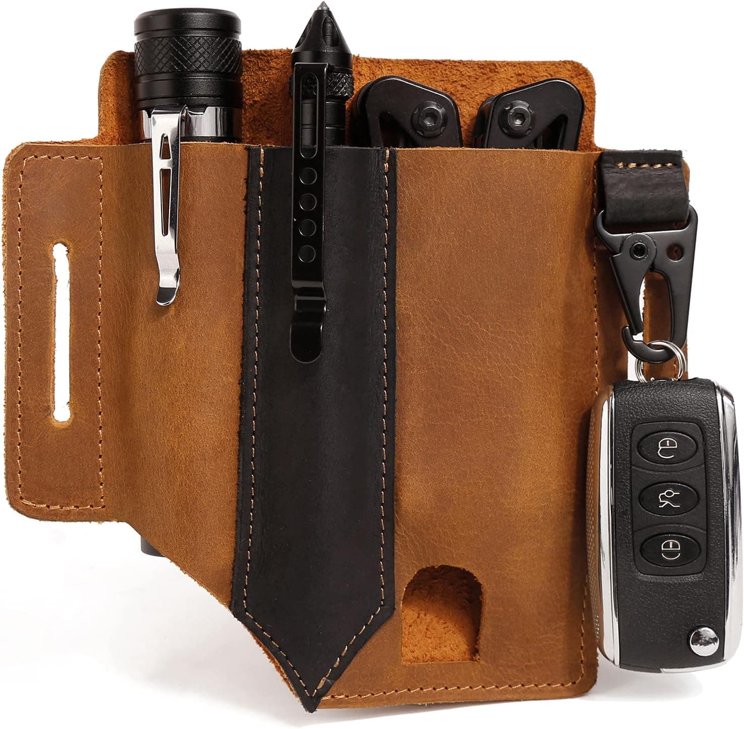 Multitool Sheath for Belt Leather EDC Pocket Organizer for Men Flashlight Holster Sheath for Knives Flashlights Tactical Pens Key Fob Tools