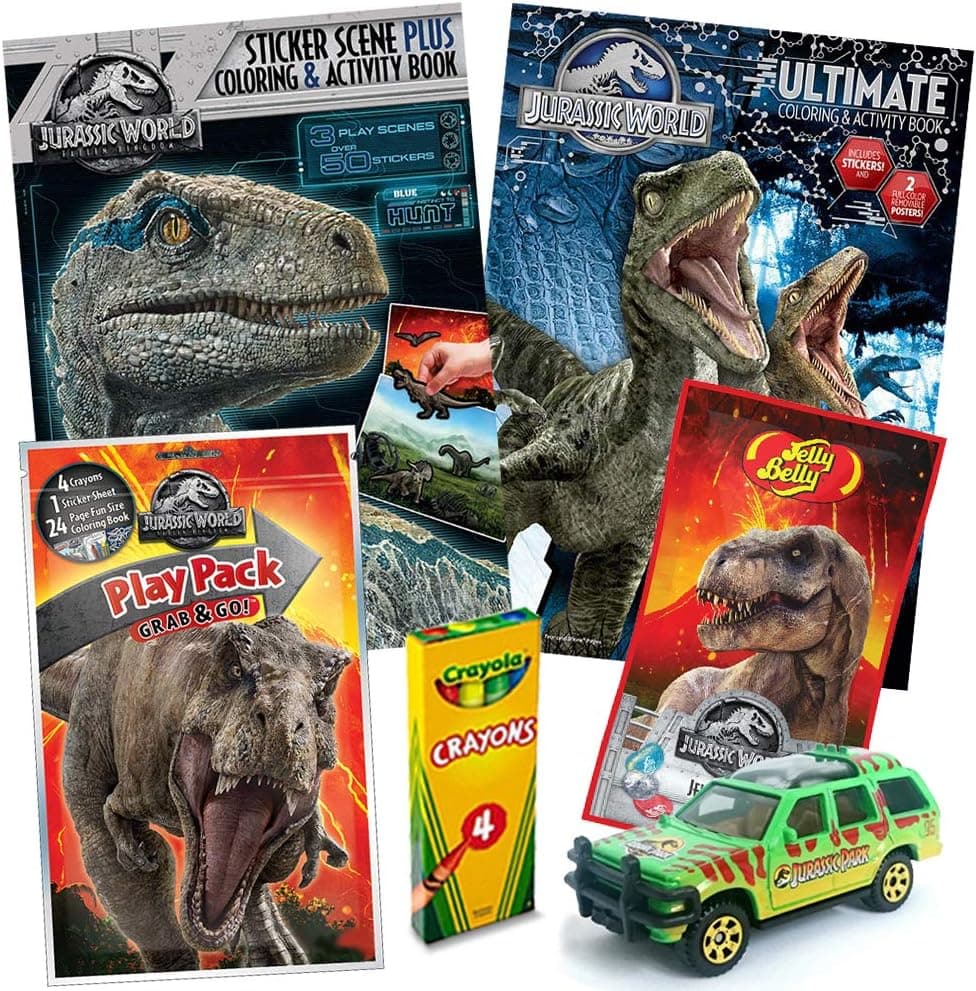 Jurassic World Fallen Kingdom Coloring Book Toy Set by ColorBoxCrate - 7 PACK - Includes TRex Raptor Activity Books, Mystery Jurassic Park Matchbox Car, Crayons, Dinosaur Candy for Children Ages 4-10