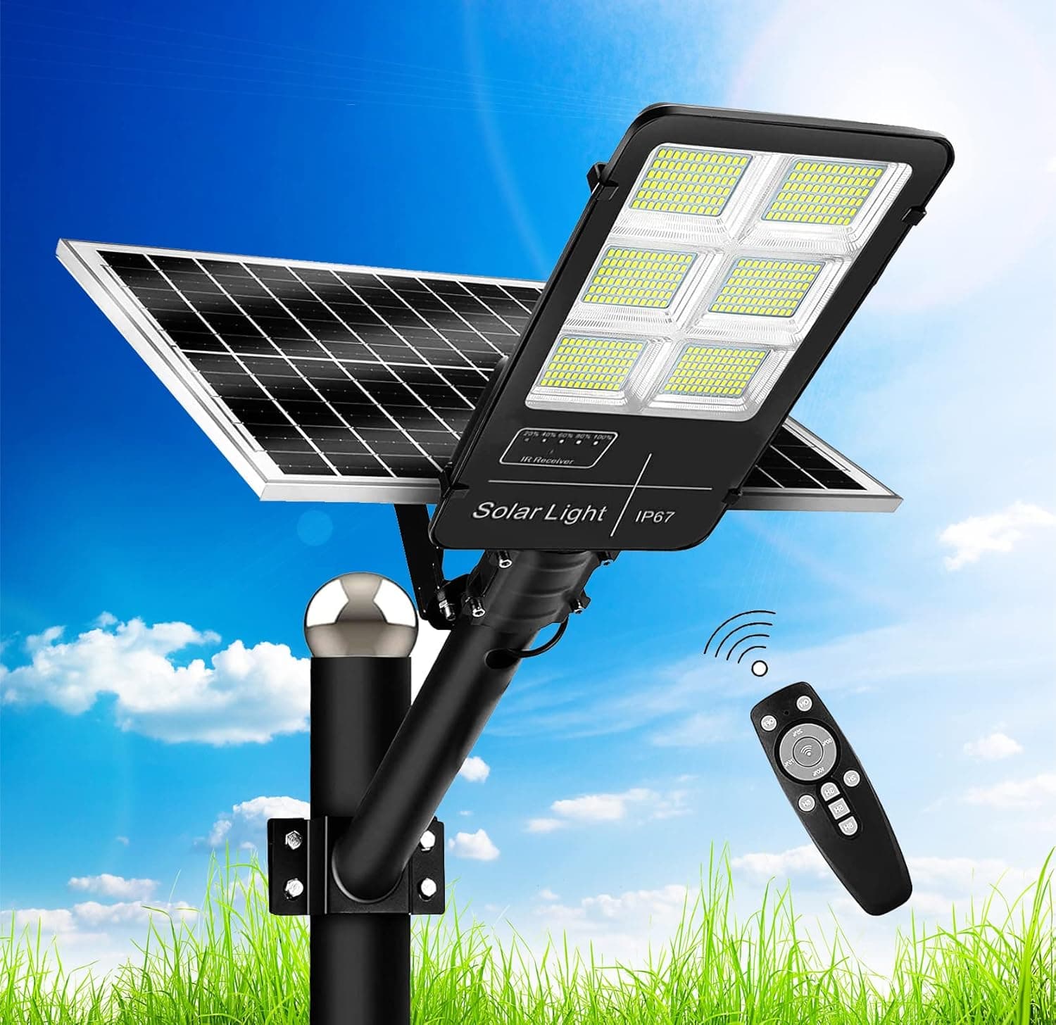 AITERMOND 1200W Solar Street Light, Dusk to Dawn, 6000K LED Flood Lights with Remote Control & Motion Sensor, Waterproof IP67 Security Light for Yard, Garden, Parking Lot