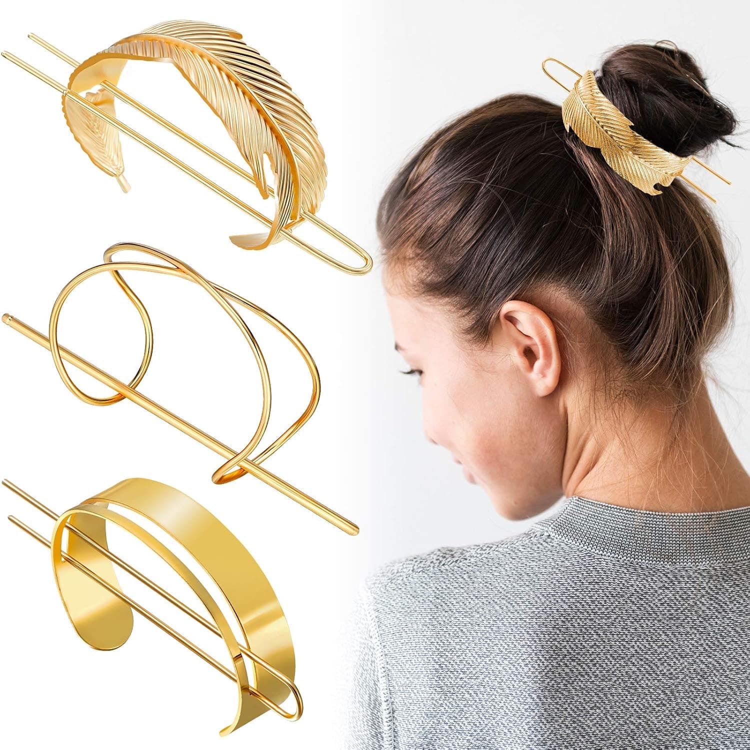 3 Pieces Hair Bun Clip Set, Includes Feather Hair Cuff Bun, X Shaped Hair Cuff Bun and Round Top Hair Cuff Bun Hair Stick Hair Bun (Gold)