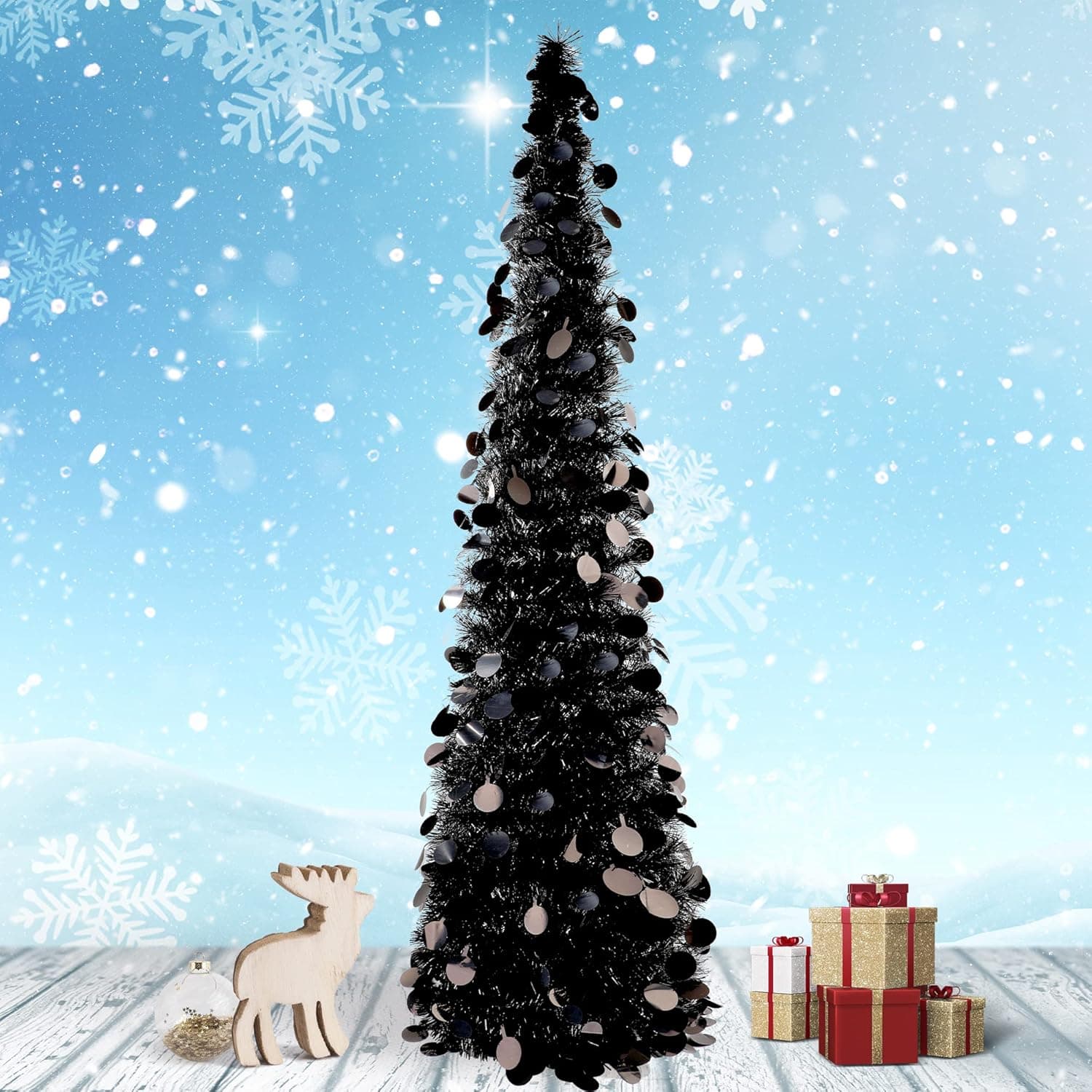 DOYOLLA Black Christmas Tree, 5ft Small Collapsible Pop Up Artificial Tinsel Pencil Tree for Christmas Decorations