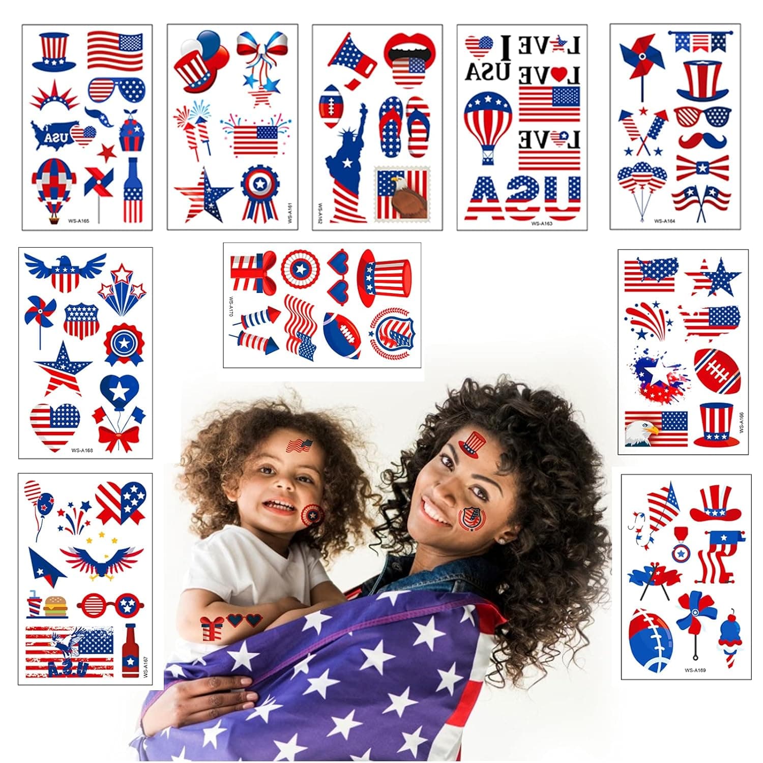 AOLIGO 4th of July Decor Fourth of July Decorations Tattoos Stickers, 10 sheet Independence Day Tattoos American Flag Red White & Blue Design USA Stickers for Labor Day Memorial Day Party Supplies