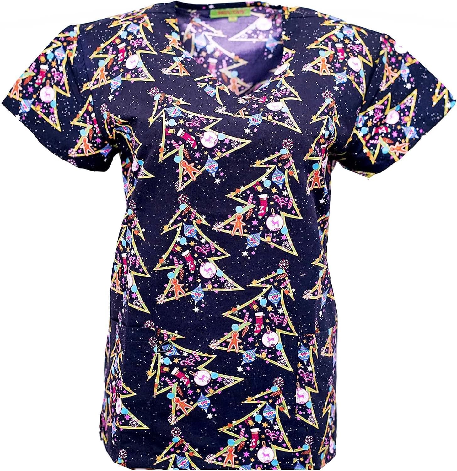 Green Town Holiday Printed Christmas Scrubs, Halloween Printed Uniform Tops (Dark Blue Christmas Tree Ornaments (with Glitter), 3X-Large)
