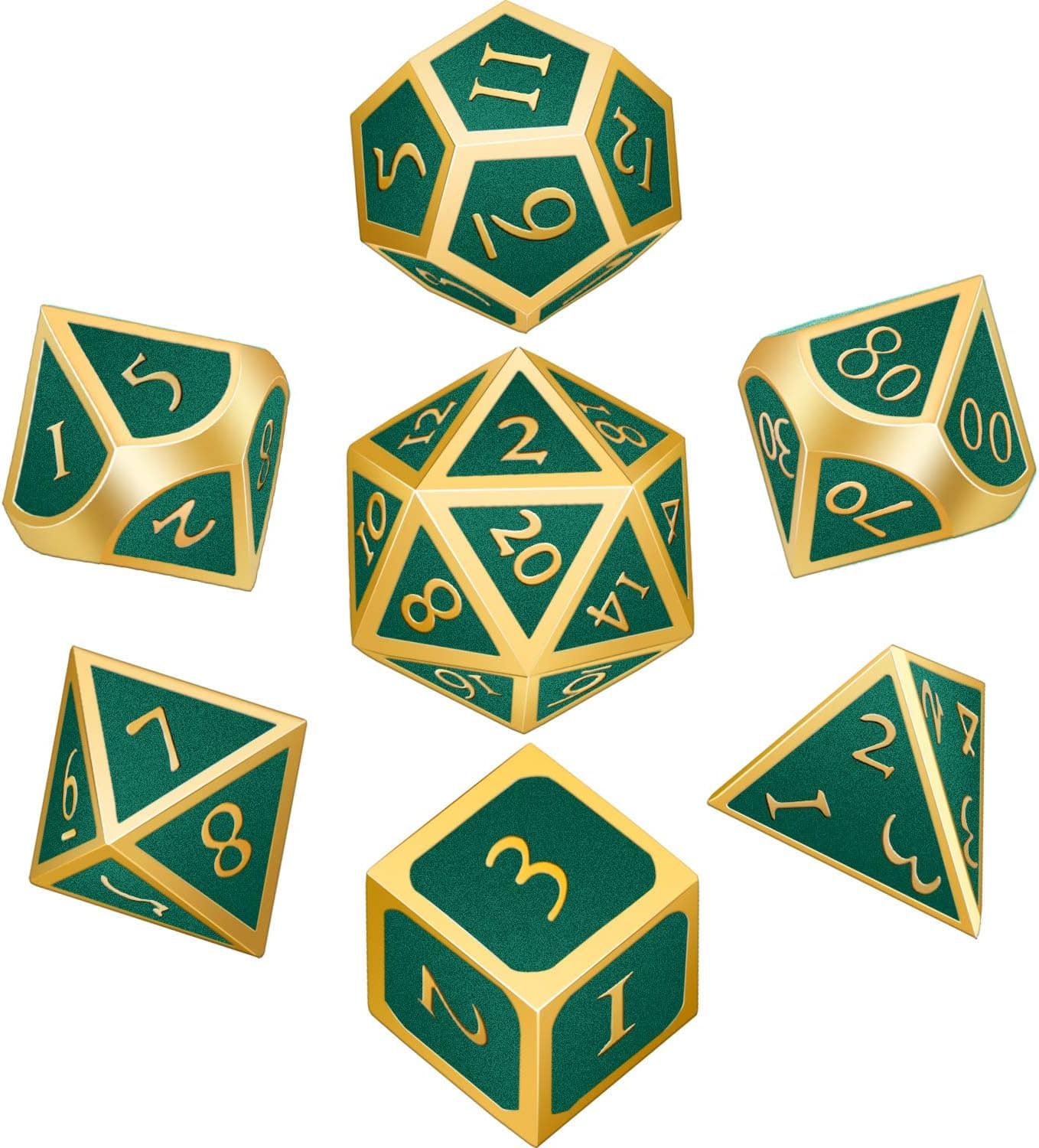 7 Pieces Metal Dices Set DND Game Polyhedral Solid Metal D&D Dice Set with Storage Bag and Zinc Alloy with Enamel for Role Playing Game Dungeons and Dragons, Math Teaching (Gold Edge Dark Green)
