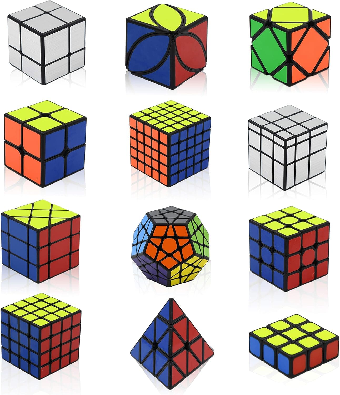 Speed Cube Set - 2x2 3x3 4x4 5x5 Pyramid Cube Mega Minx Skew Ivy Mirror Cube Magic Rainbow Ball Smooth Sticker Puzzle Cubes - 12 Pack Cube Bundle Collection for Kids