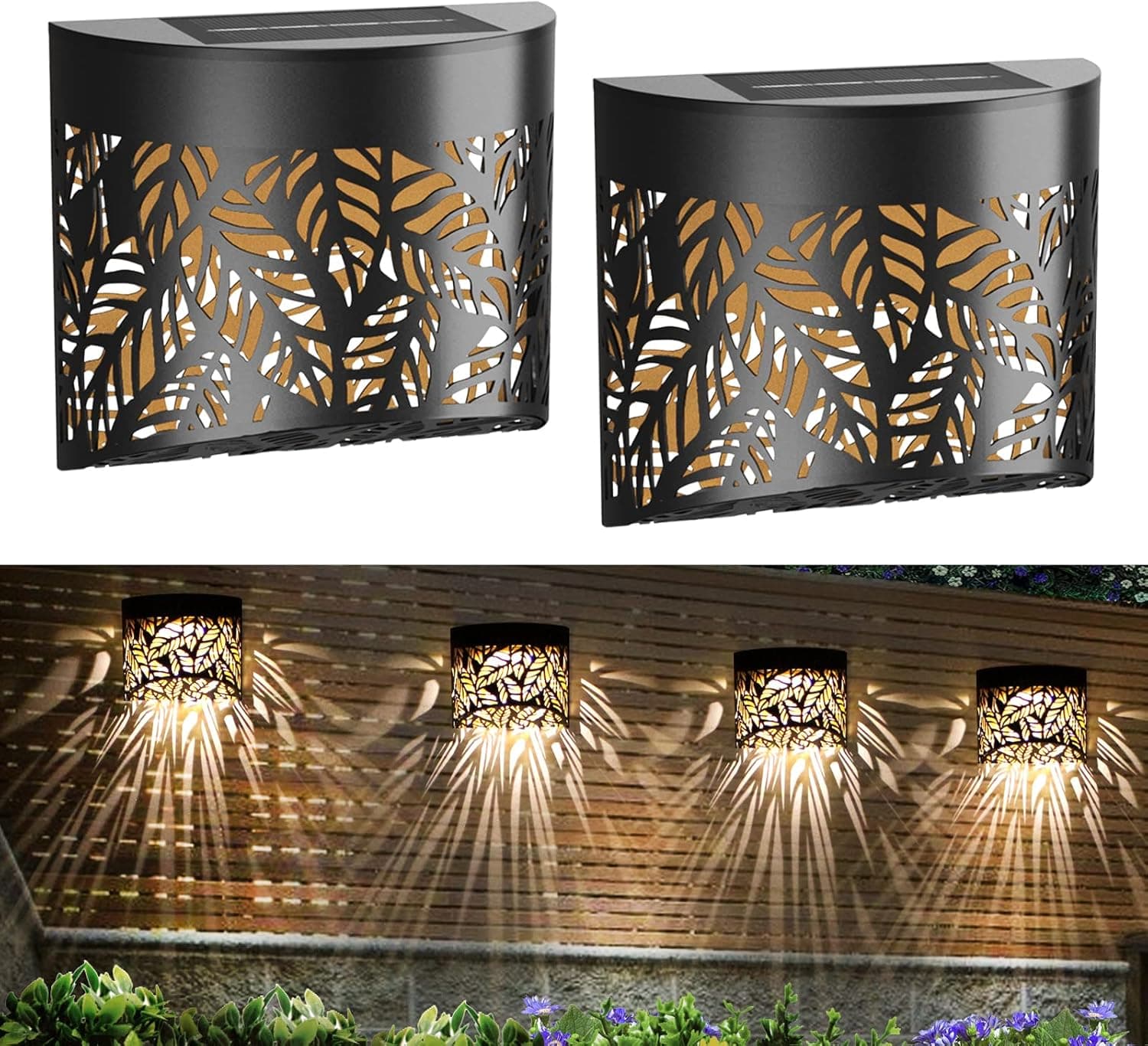 Solar Step Lights Outdoor Hollow Leaf Pattern 2 Pack Solar Wall Light for Deck Step Fence Post Pathway and Garden Decorative 2 Modes Warm White/Color Changing