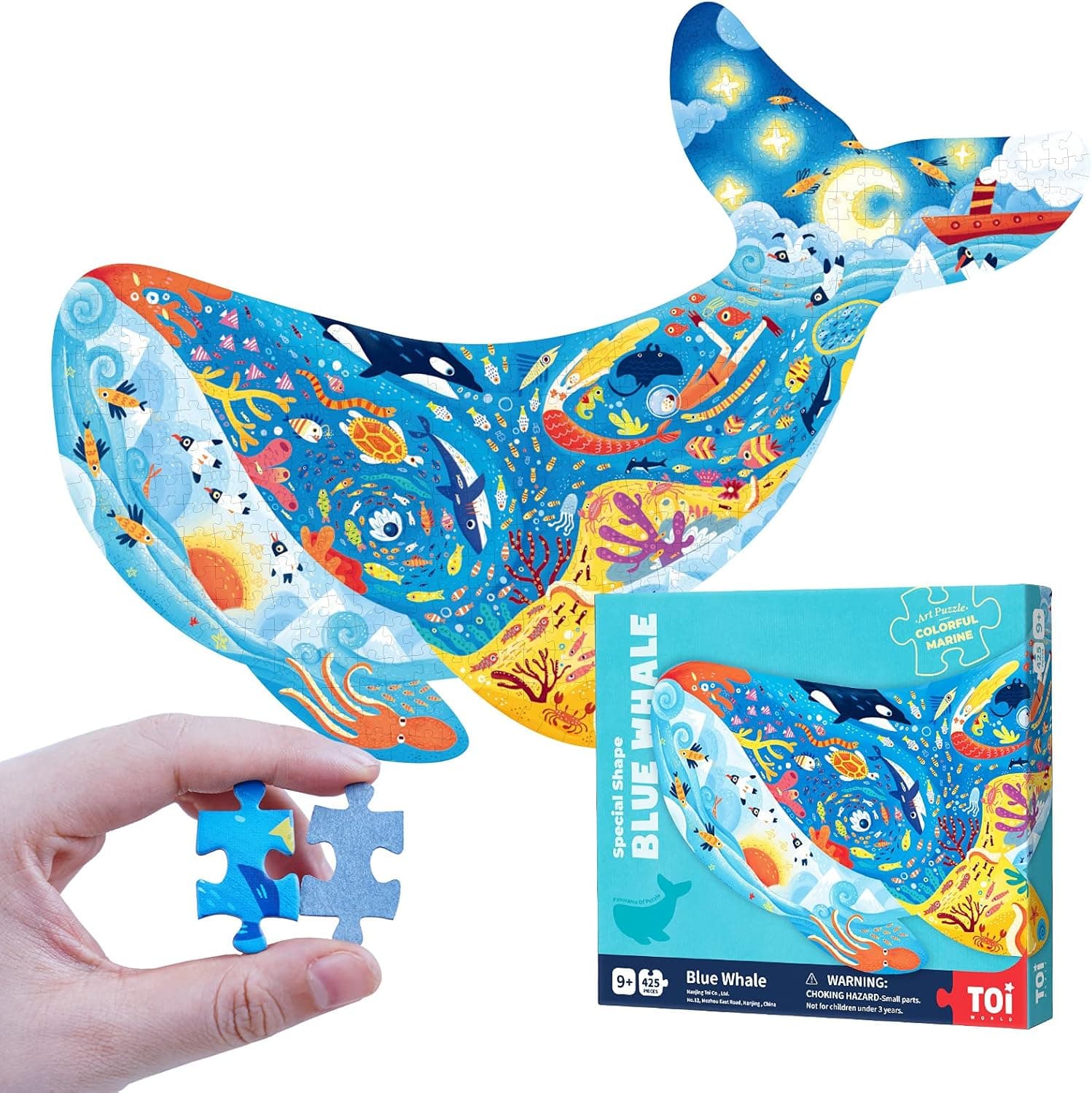 TOI Whale Floor Puzzles for Kids Aged 8-10, Big Pieces Animal Shaped Art Jigsaw Puzzles for Boys and Girls 425 Pieces Educational Toy Child Gift