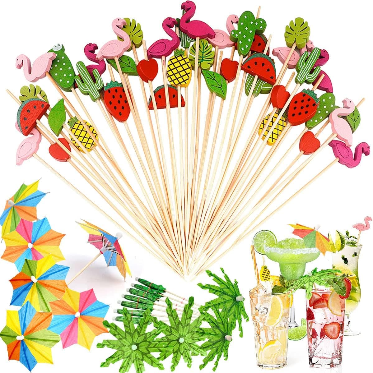 130 Pieces Cocktail Picks Fruit Sticks Bamboo Toothpicks Flamingo Tropical Cactus Palm Leaf Umbrella Firework Food Drink Picks for Home Beach Parties Carnival