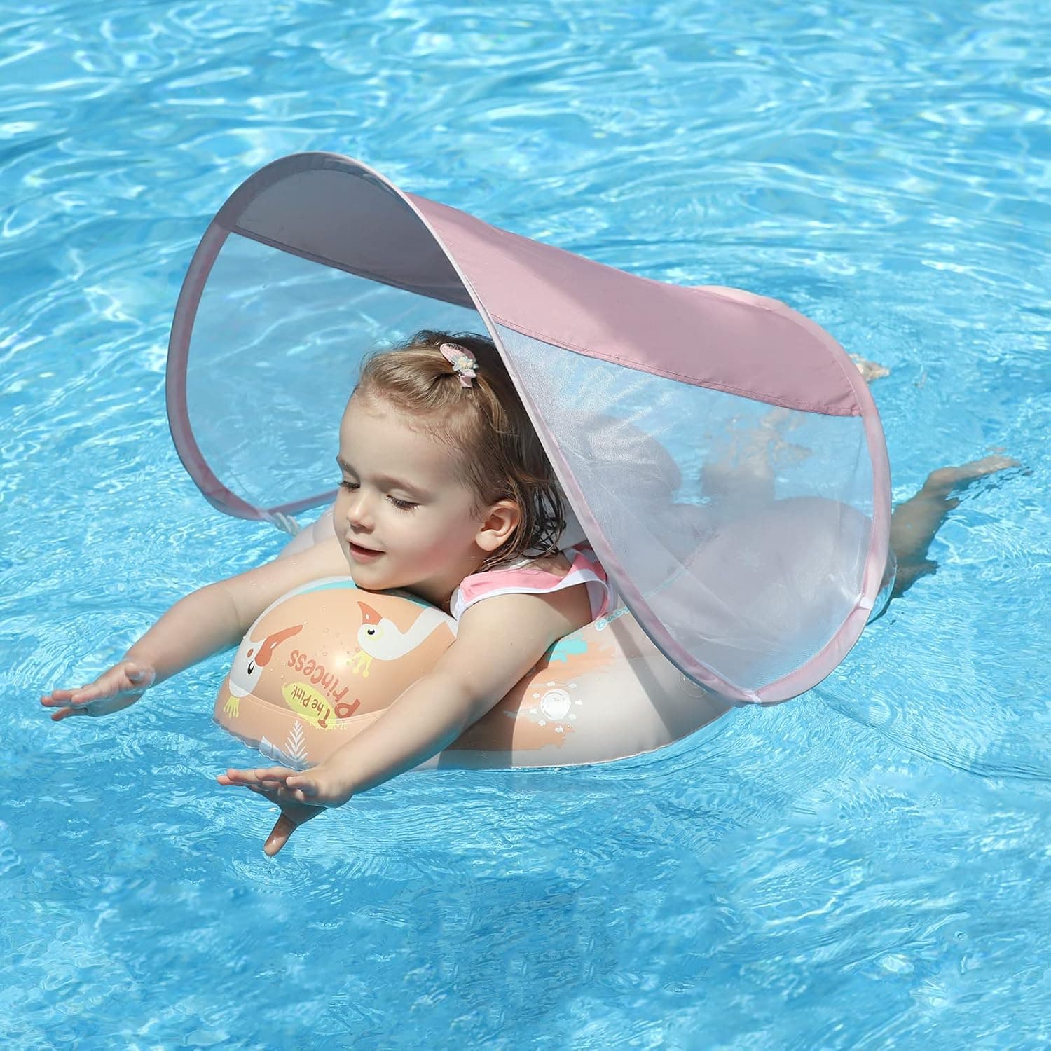 Free Swimming Baby Infant Pool Float with Sun Canopy Size Improved Inflatable Swan Baby Floatie with Sponge Safety Bottom Support Water Toys Swim Trainer for Age of 3-72 Months (Pink, X-Large)