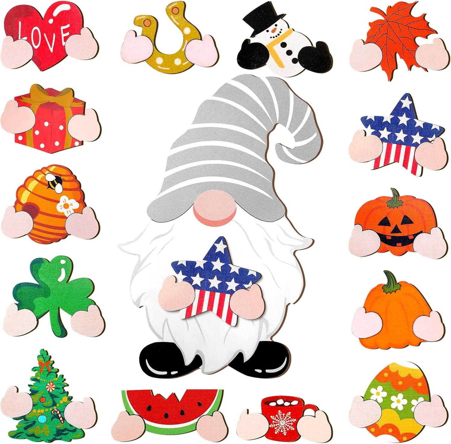 Interchangeable Wooden Gnome Decor DIY Holiday Seasonal Tiered Tray Decoration with Magnet Pieces Detachable Welcome Sign for Home 4th of July Holiday Decorations(Cute Style)