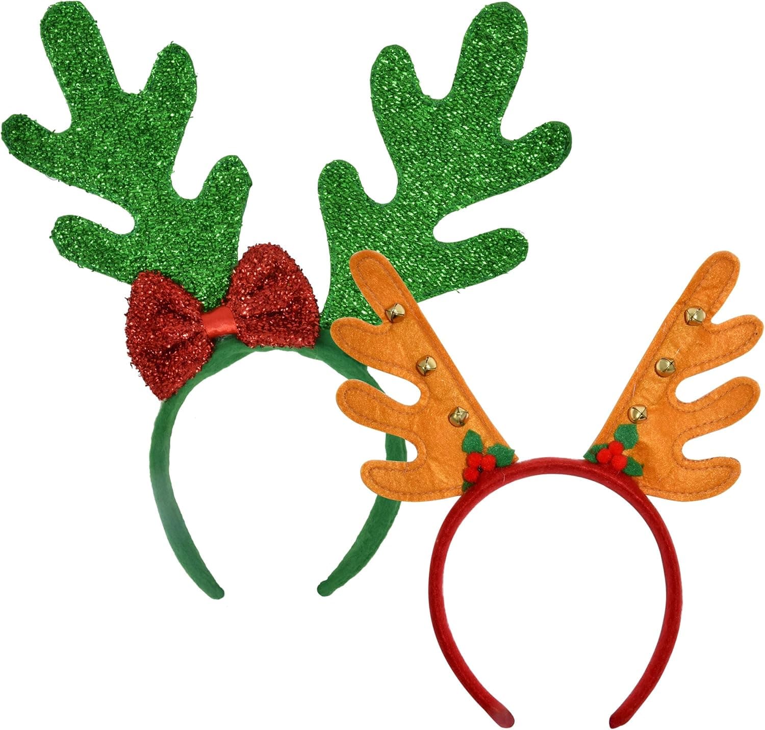 4 Christmas Reindeer Antler Headbands Holiday Head Boppers Costume Hair Headwear 2 Designs Green with Red Bow & Brown with Bells For Adults & Kids Photo Booth Party Favor Supplies Accessories