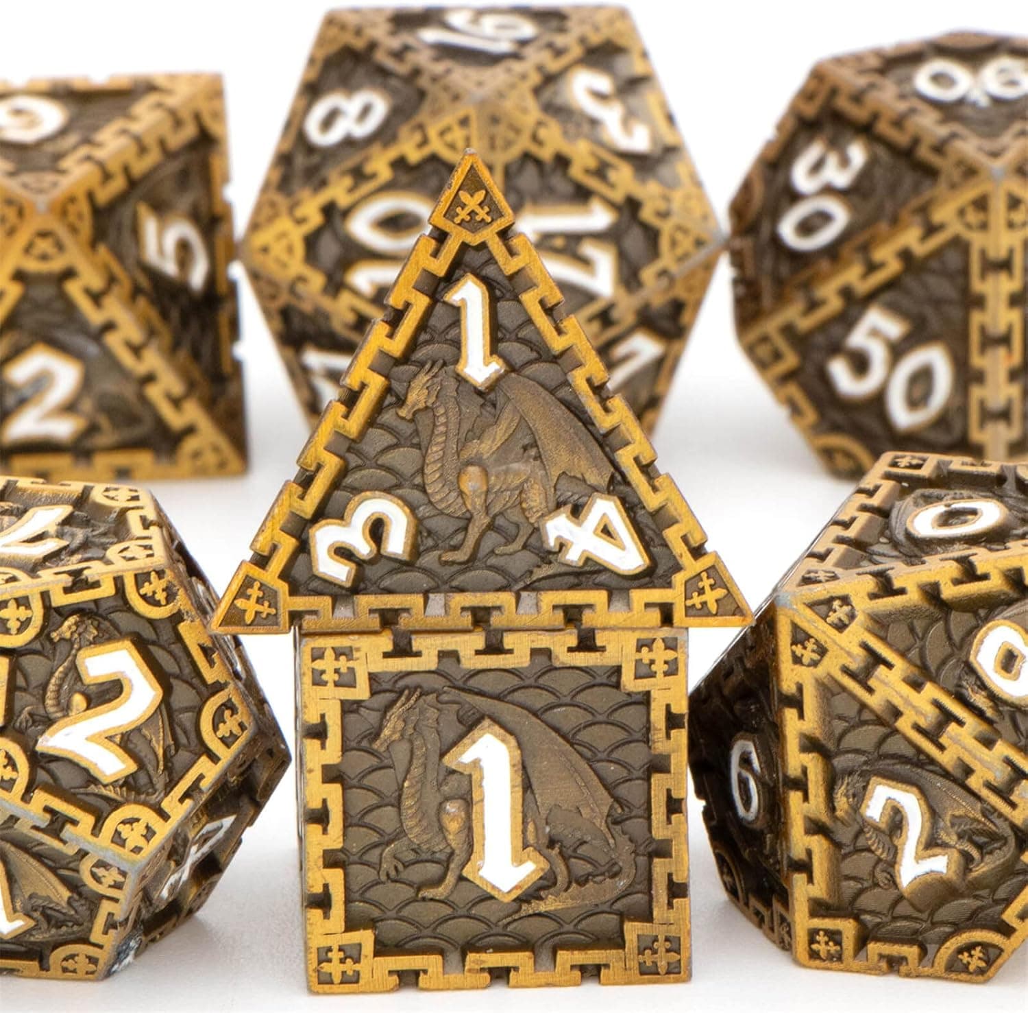 DND Dice Set D&D Dice Set, RUNFNG Dungeon Dragon Dice Metal Dice Set, 7pcs D and D Polyhedral Dice Set with Gift Box, Ancient Gold Rolling RPG Dice Set for Role Playing Game D20 D12 D10 D8 D6 D4