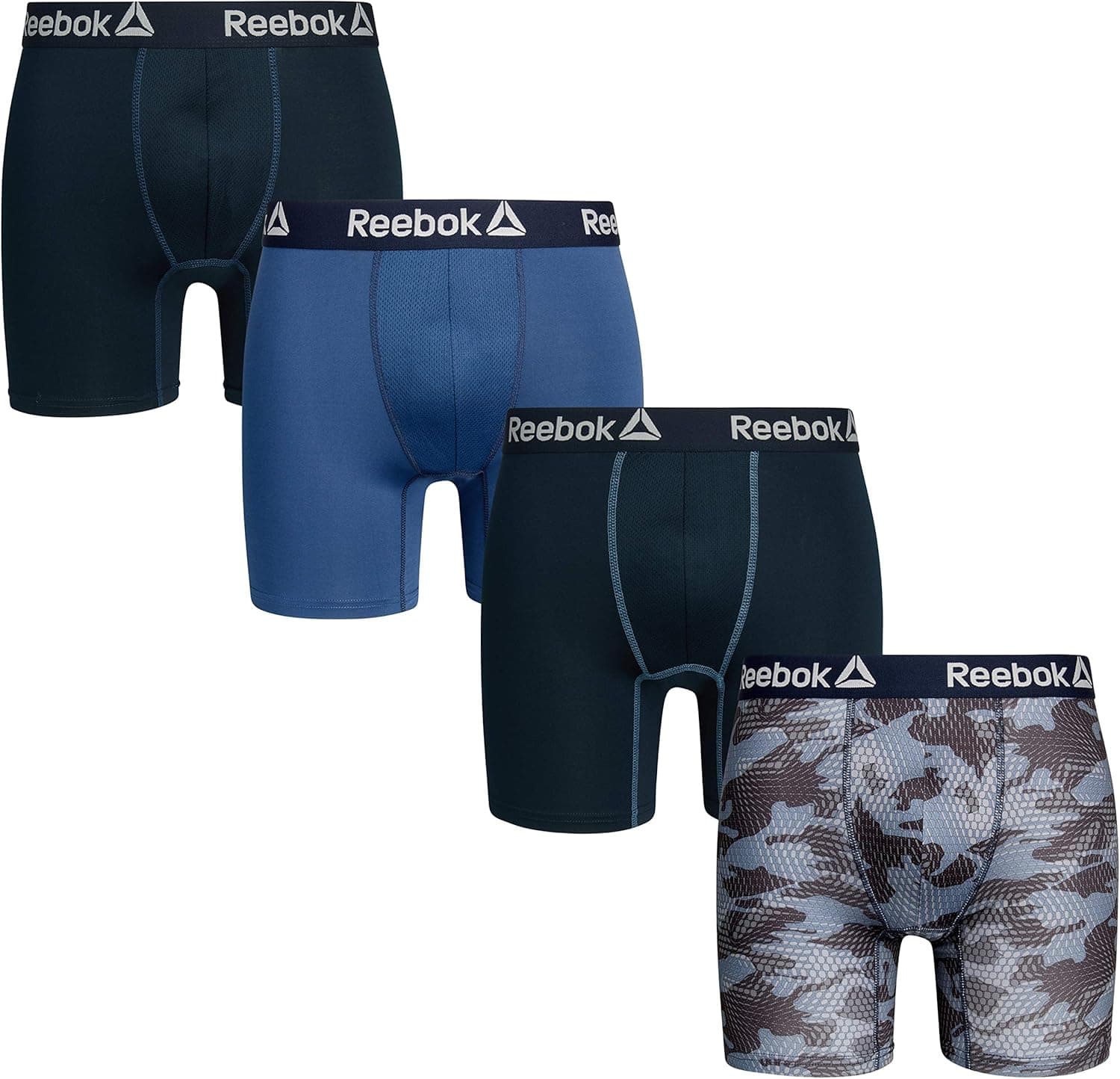 Reebok Men's Underwear - Performance Boxer Briefs (4 Pack), Navy/Blue Camo/Denim/Navy, Size Medium'