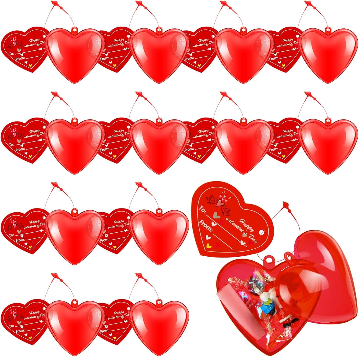 24 Pieces Valentines Red Plastic Hearts boxes for kids Valentine's Day Acrylic Heart Shaped Box with Cards Valentines Party Favors for Classroom School Exchange Boys Girls Party Supplies