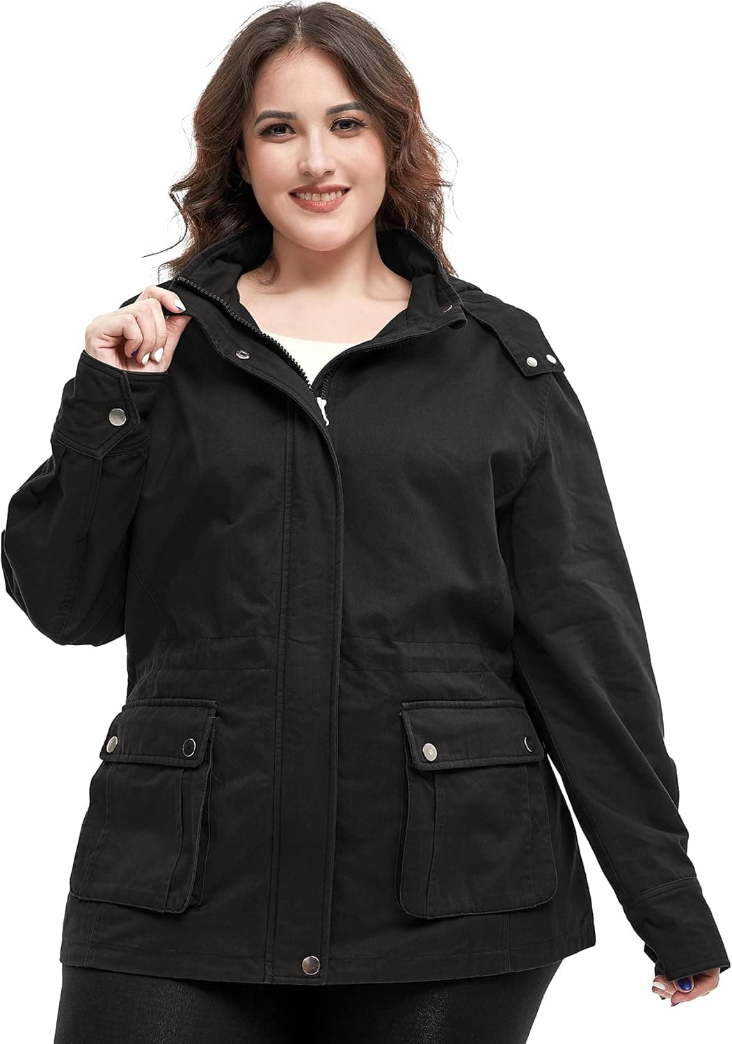 Soularge Women's Plus Size Military Cotton Jacket with Detachable Hood